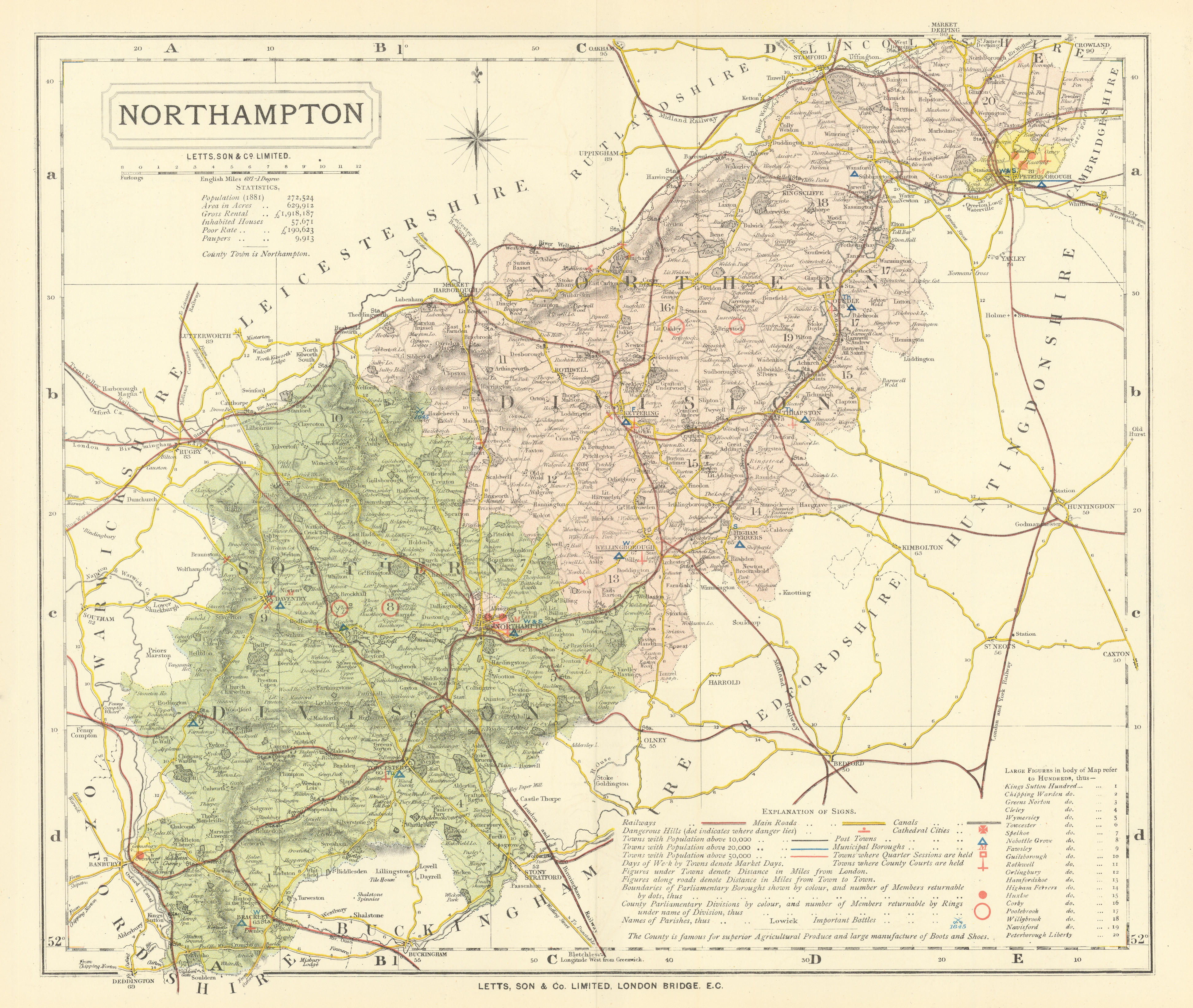 Associate Product Northamptonshire county map showing Post Towns & Market Days. LETTS 1884