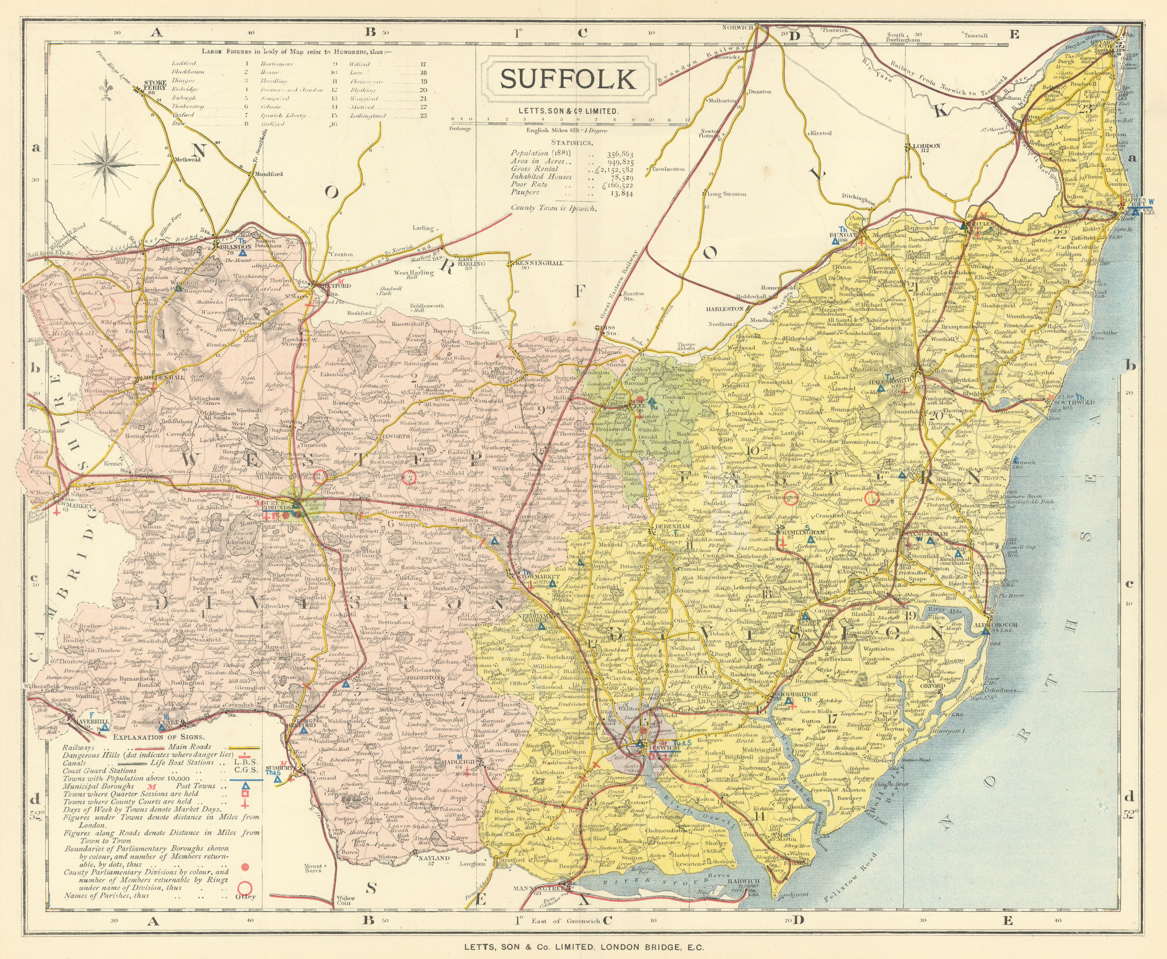 Suffolk county map showing Post Towns & Market Days. LETTS 1884 old