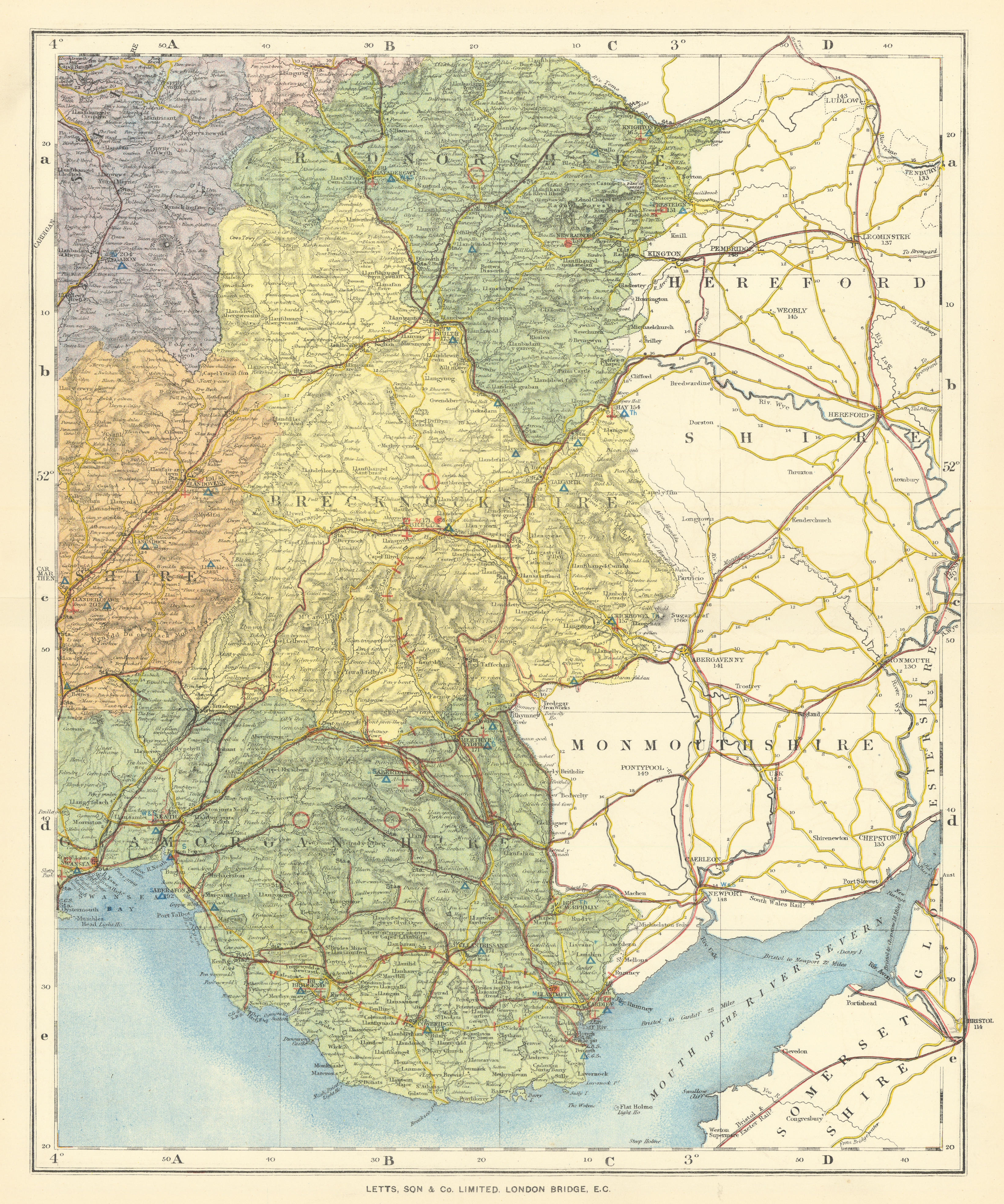 Associate Product South East Wales showing Post Towns & Market Days. LETTS 1884 old antique map