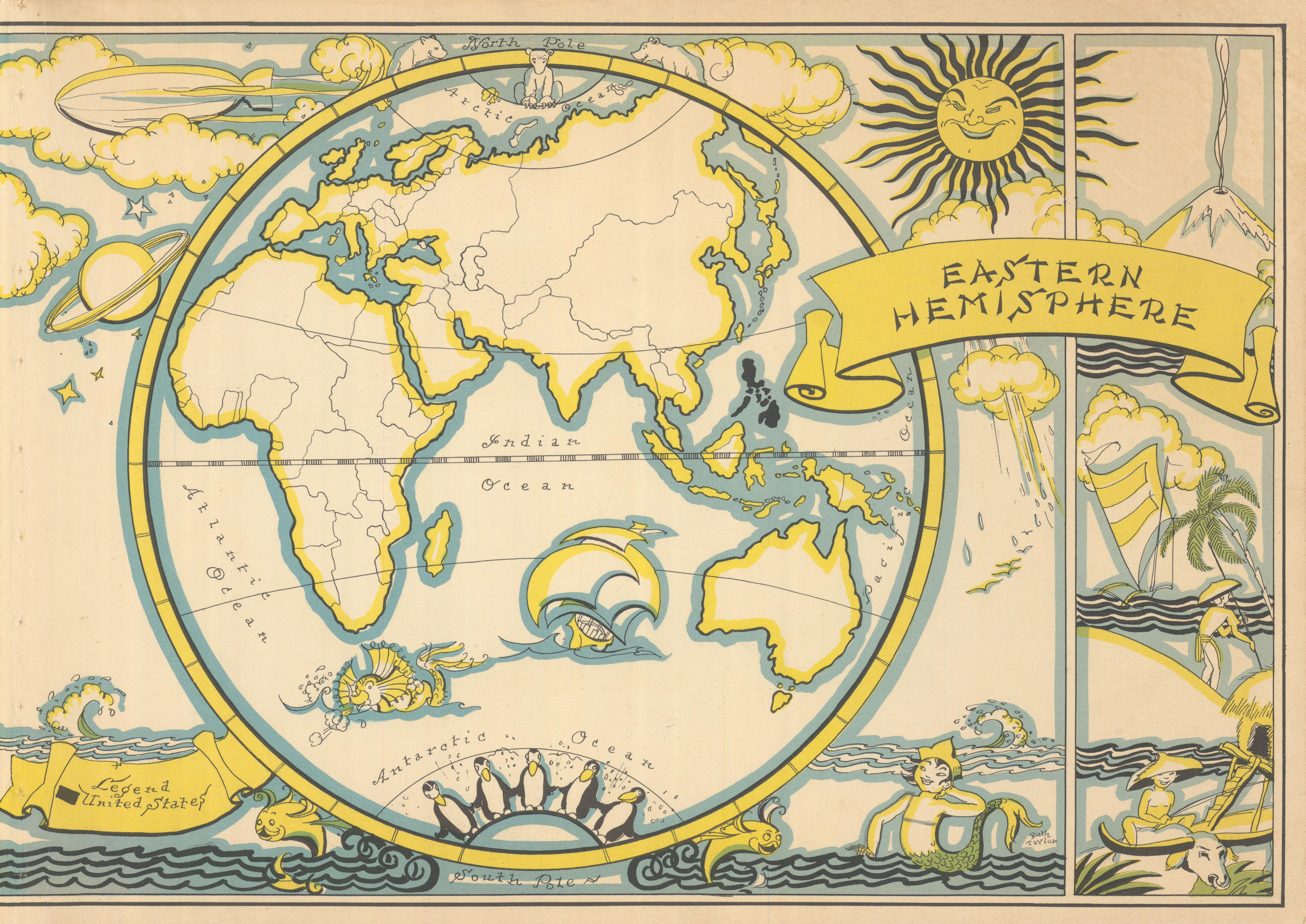 Associate Product Eastern Hemisphere. Pictorial map by Ruth Taylor White 1935 old vintage