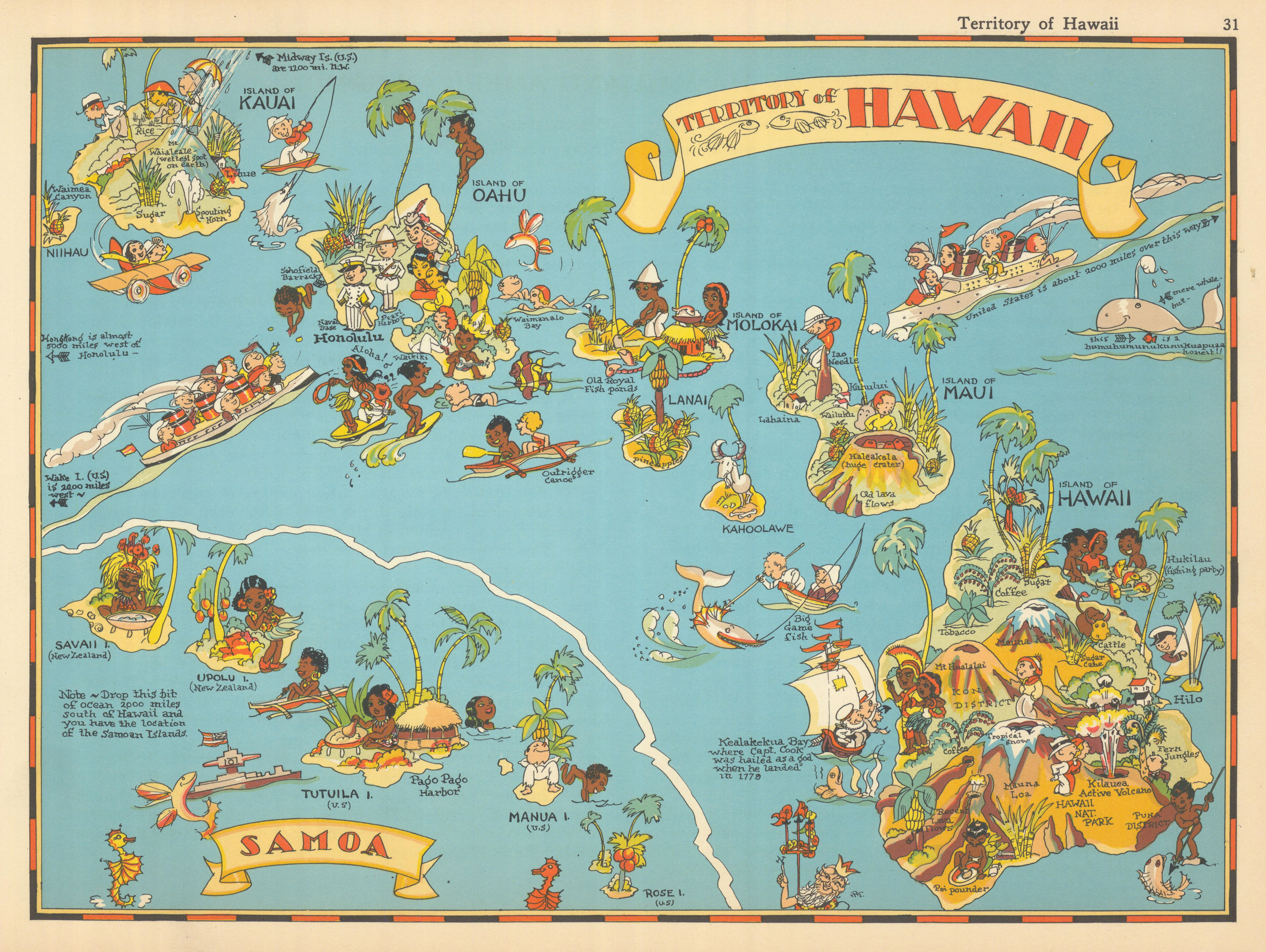 Associate Product Hawaii & American Samoa. Pictorial state map by Ruth Taylor White 1935 old