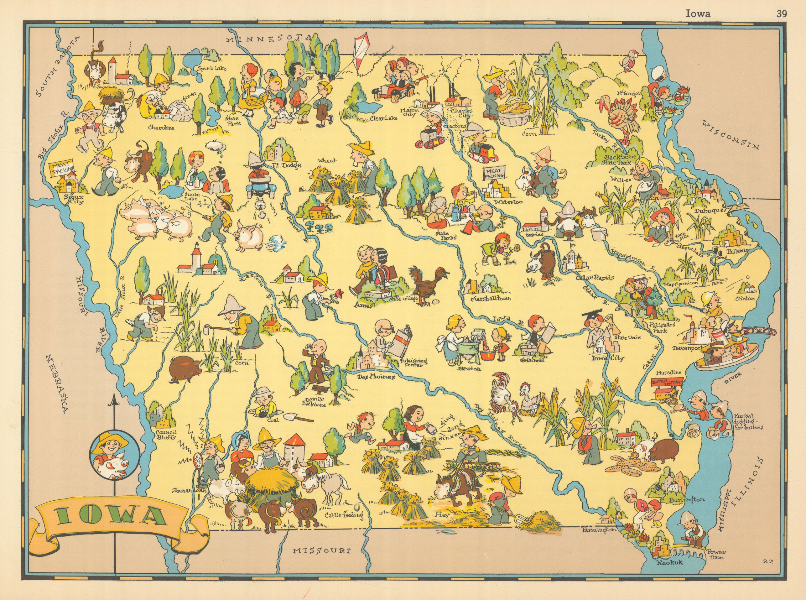Associate Product Iowa. Pictorial state map by Ruth Taylor White 1935 old vintage plan chart