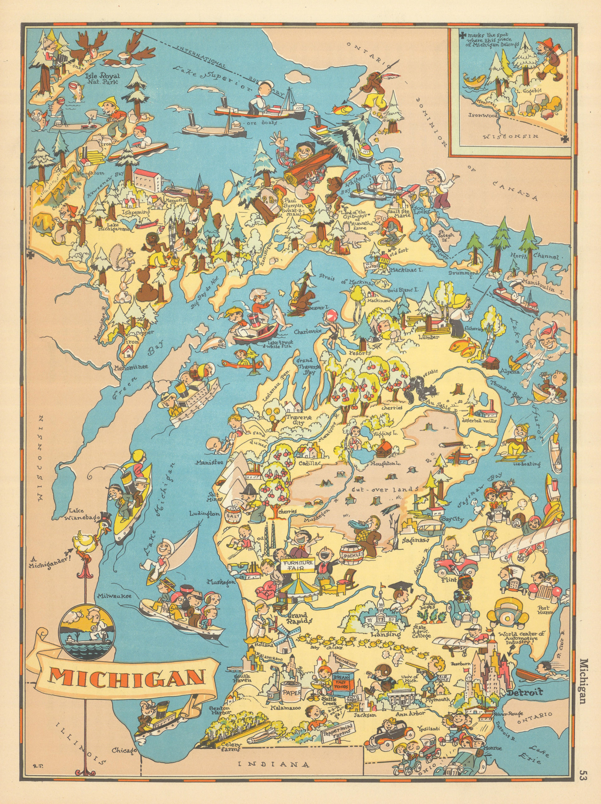 Associate Product Michigan. Pictorial state map by Ruth Taylor White 1935 old vintage chart