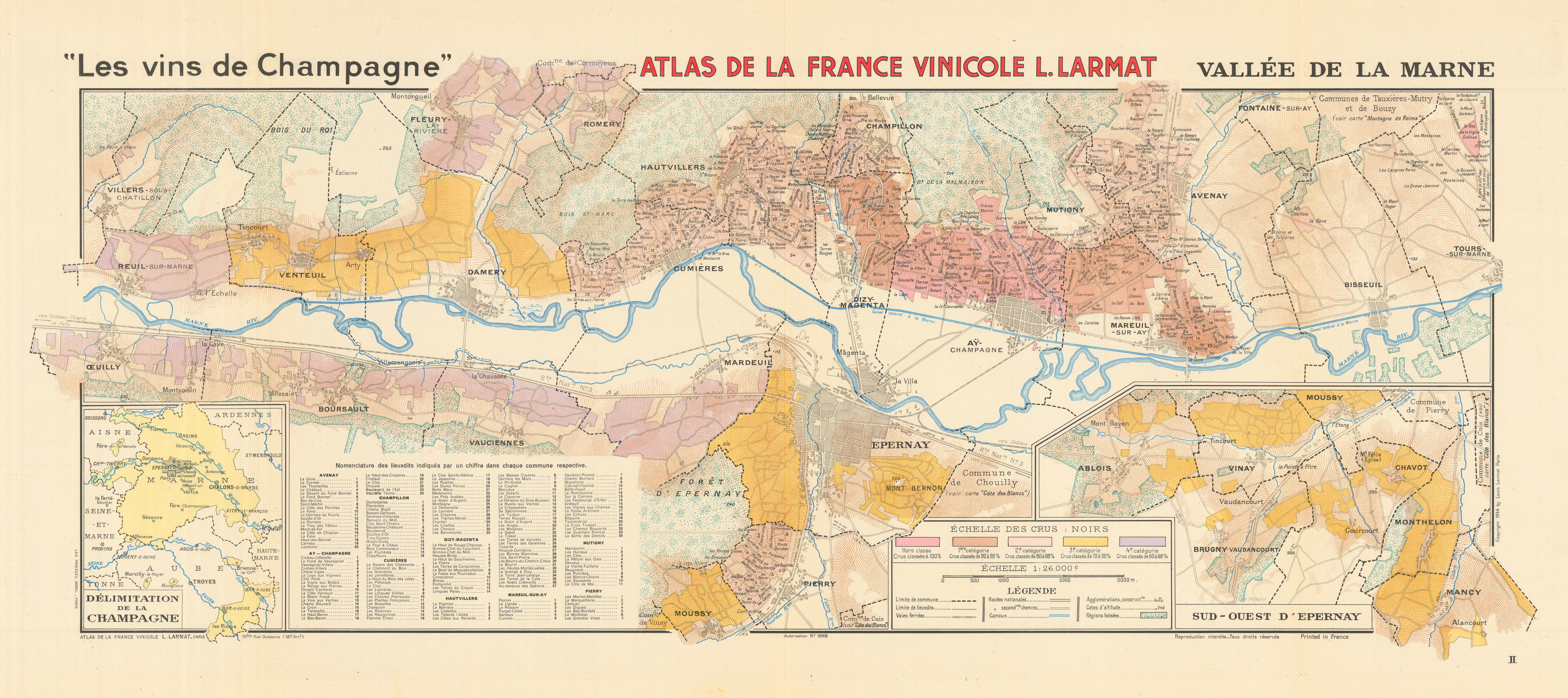 Associate Product CHAMPAGNE VINEYARD MAP Vallée de la Marne. Ay Mareuil Dizy-Magenta. LARMAT 1944