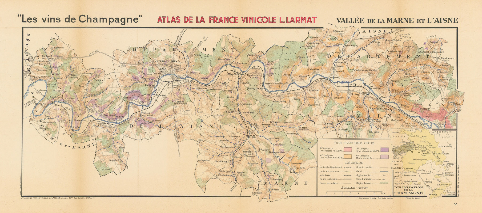 Associate Product CHAMPAGNE WINE MAP Vallée de la Marne et l'Aisne. Damery-St Aulde. LARMAT 1944