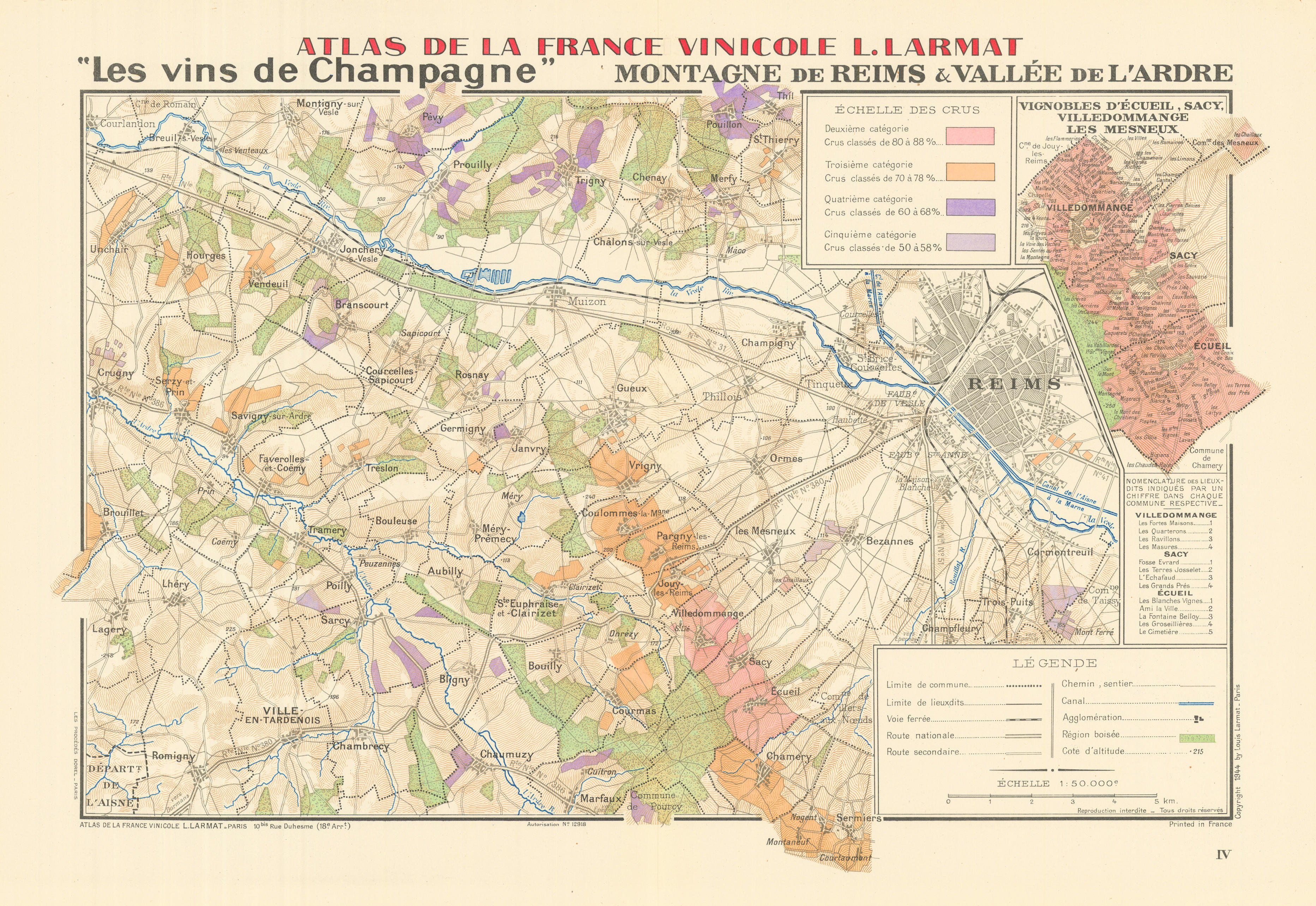 Associate Product CHAMPAGNE VINEYARD MAP Montagne de Reims. Vallée de l'Ardre. Écueil. LARMAT 1944