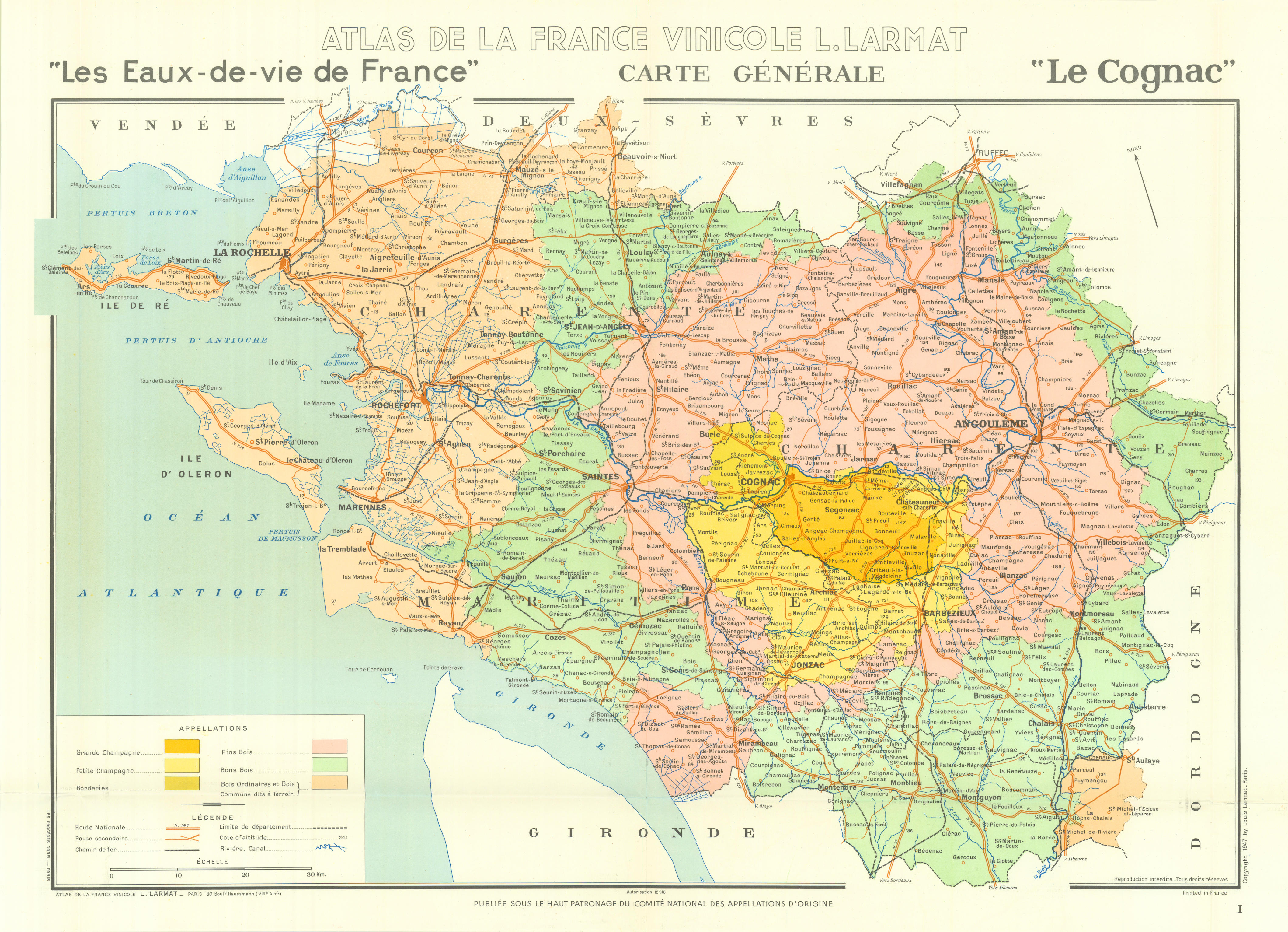 Associate Product COGNAC BRANDY MAP Crus. Carte Générale. Champagne/Bois &c. Charente. LARMAT 1947