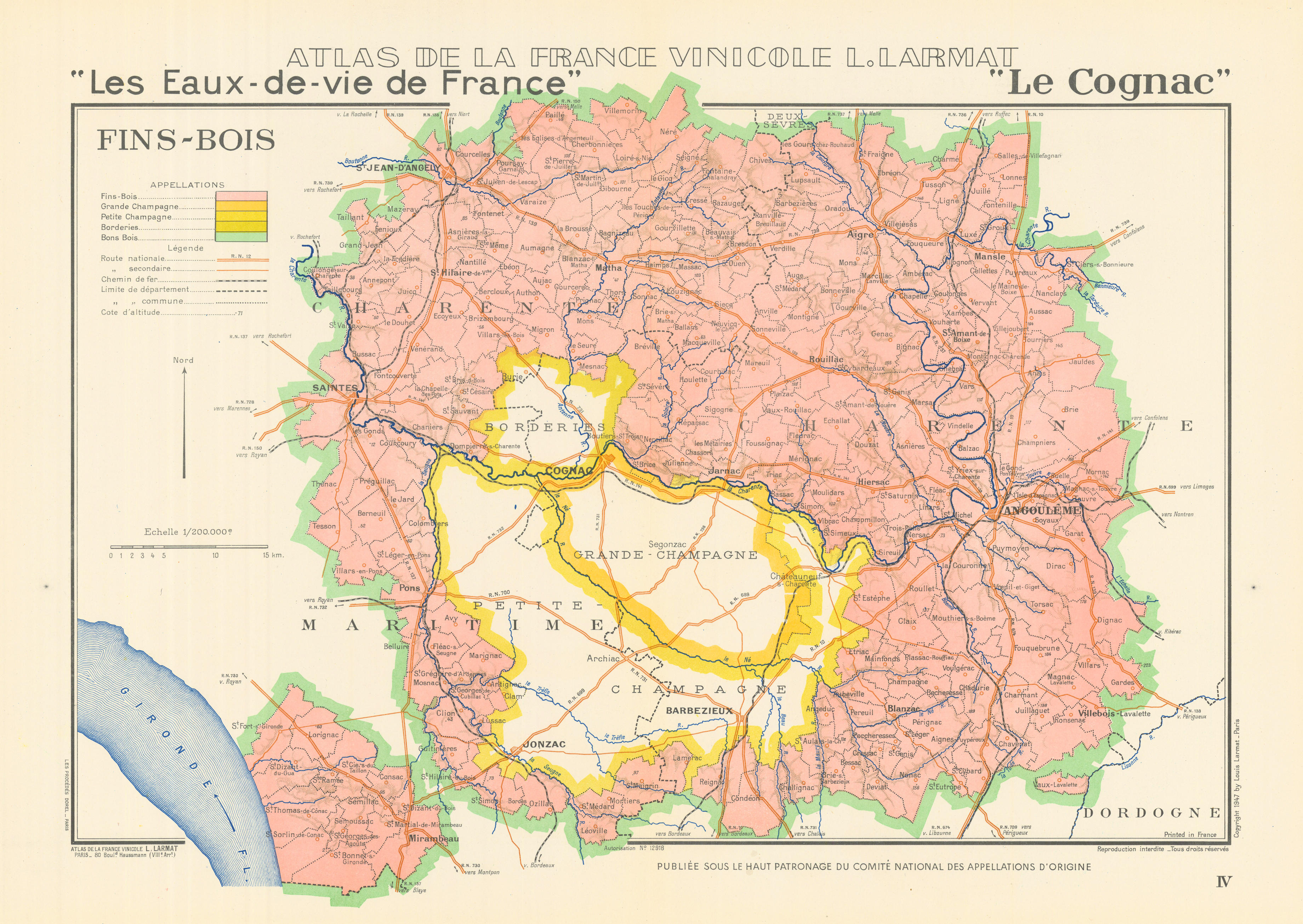 Associate Product COGNAC BRANDY MAP Fins-Bois. Eaux-de-vie. Charente Maritime. LARMAT 1947