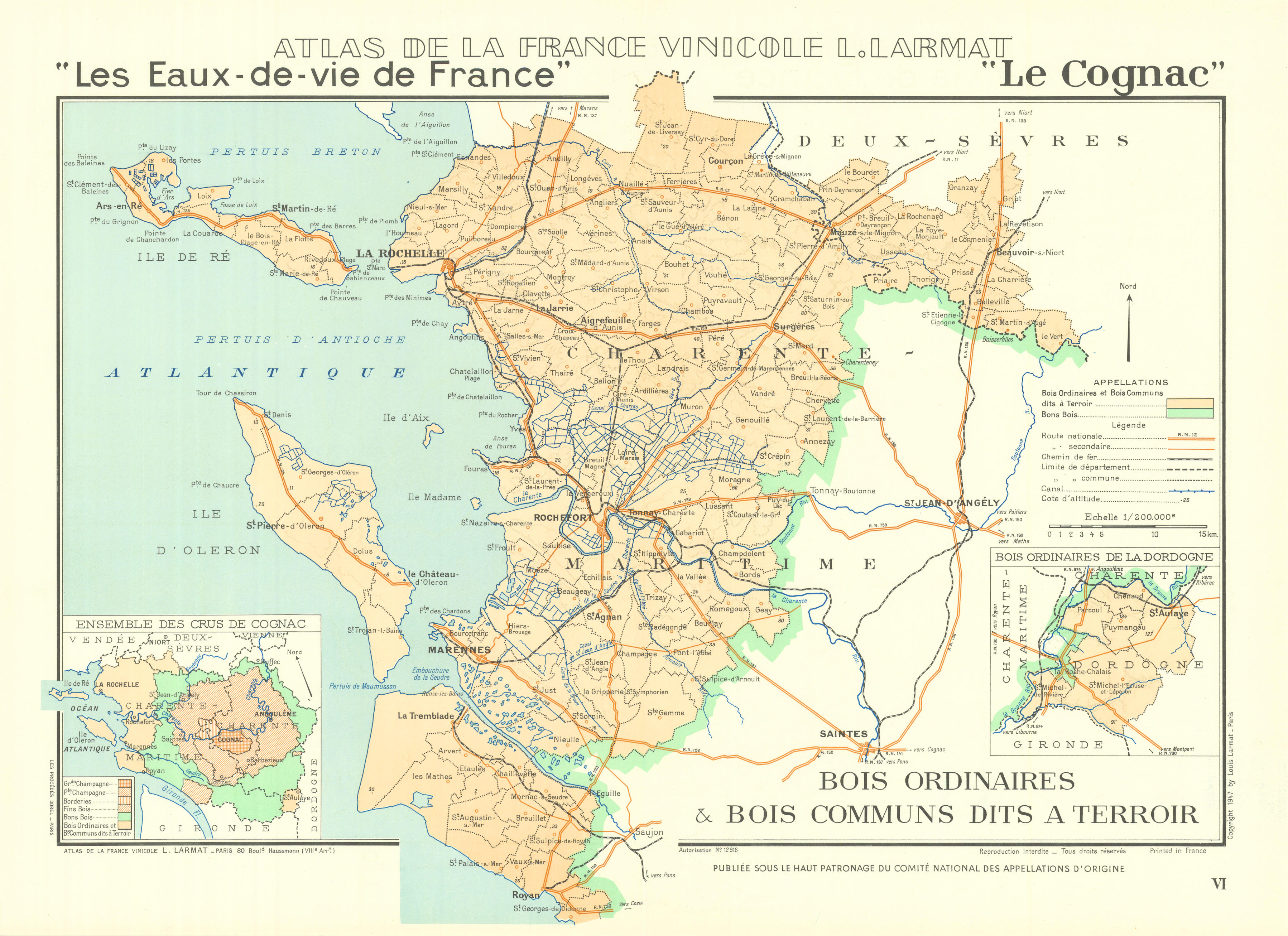 COGNAC BRANDY MAP Bois Ordinaires Bois à terroirs Ile de Ré/Oleron. LARMAT 1947