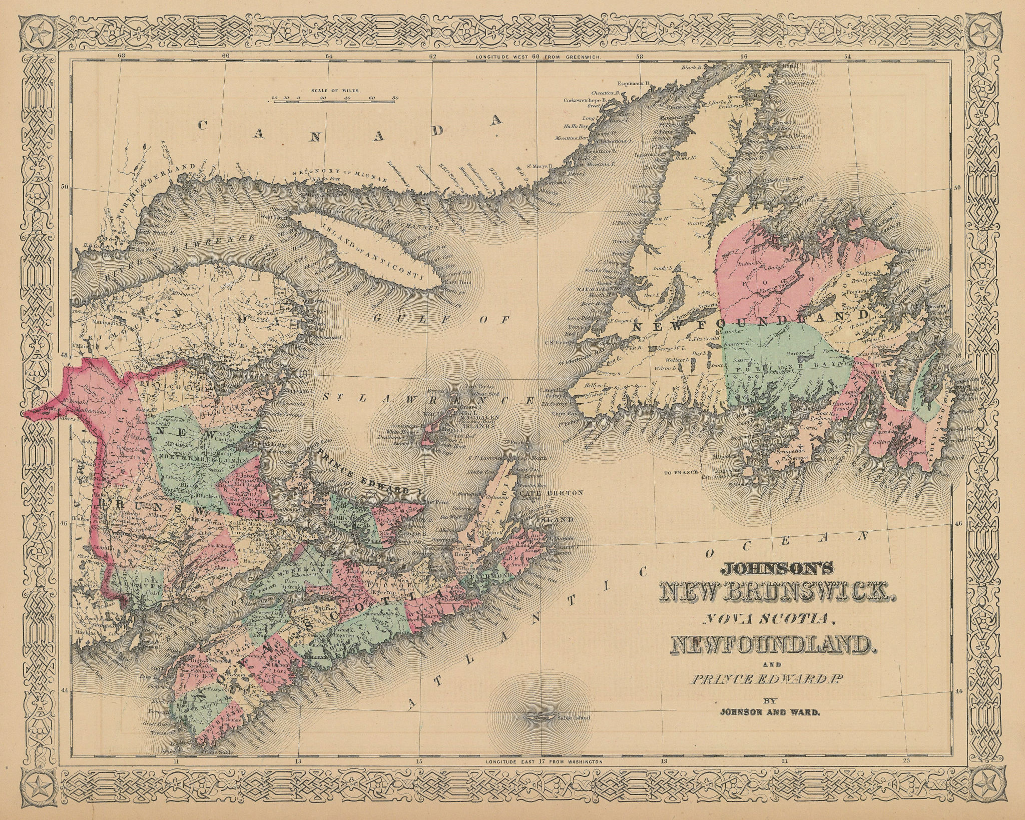 Associate Product Johnson's New Brunswick, Nova Scotia, Newfoundland & Prince Edward Id. 1865 map