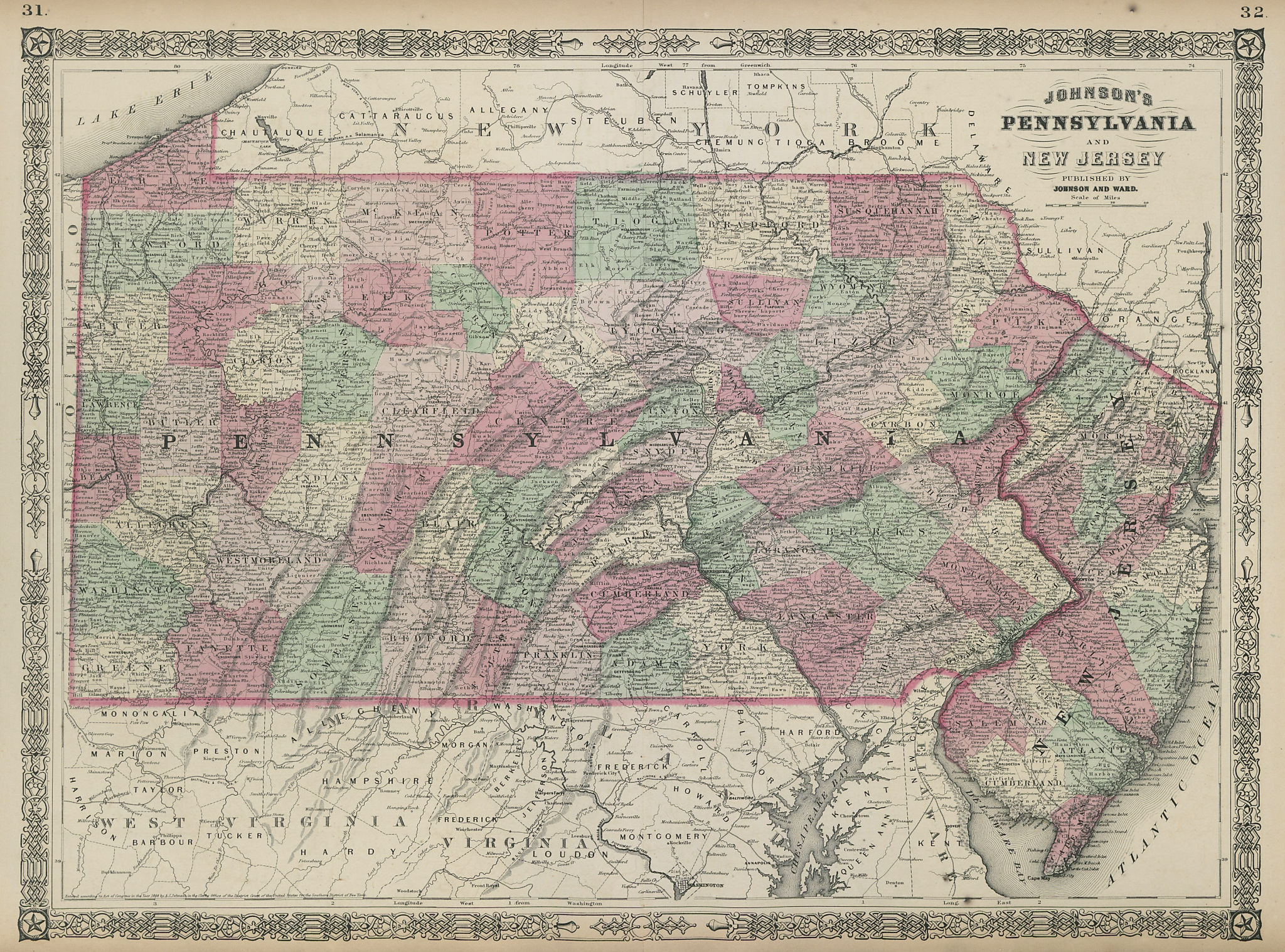 Associate Product Johnson's Pennsylvania and New Jersey. US state map showing counties 1865