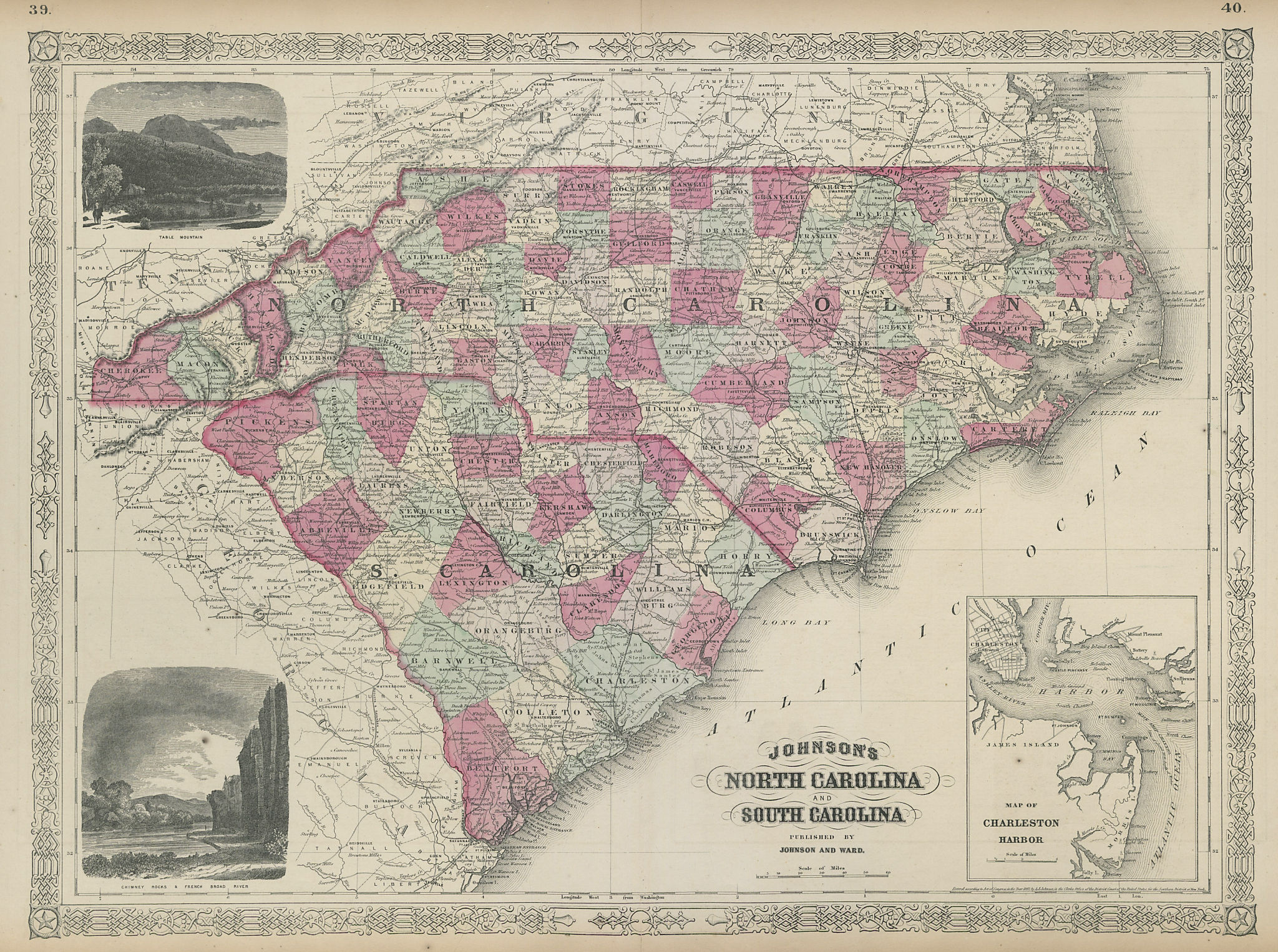 Johnson's North & South Carolina showing counties. Charleston 1865 old map