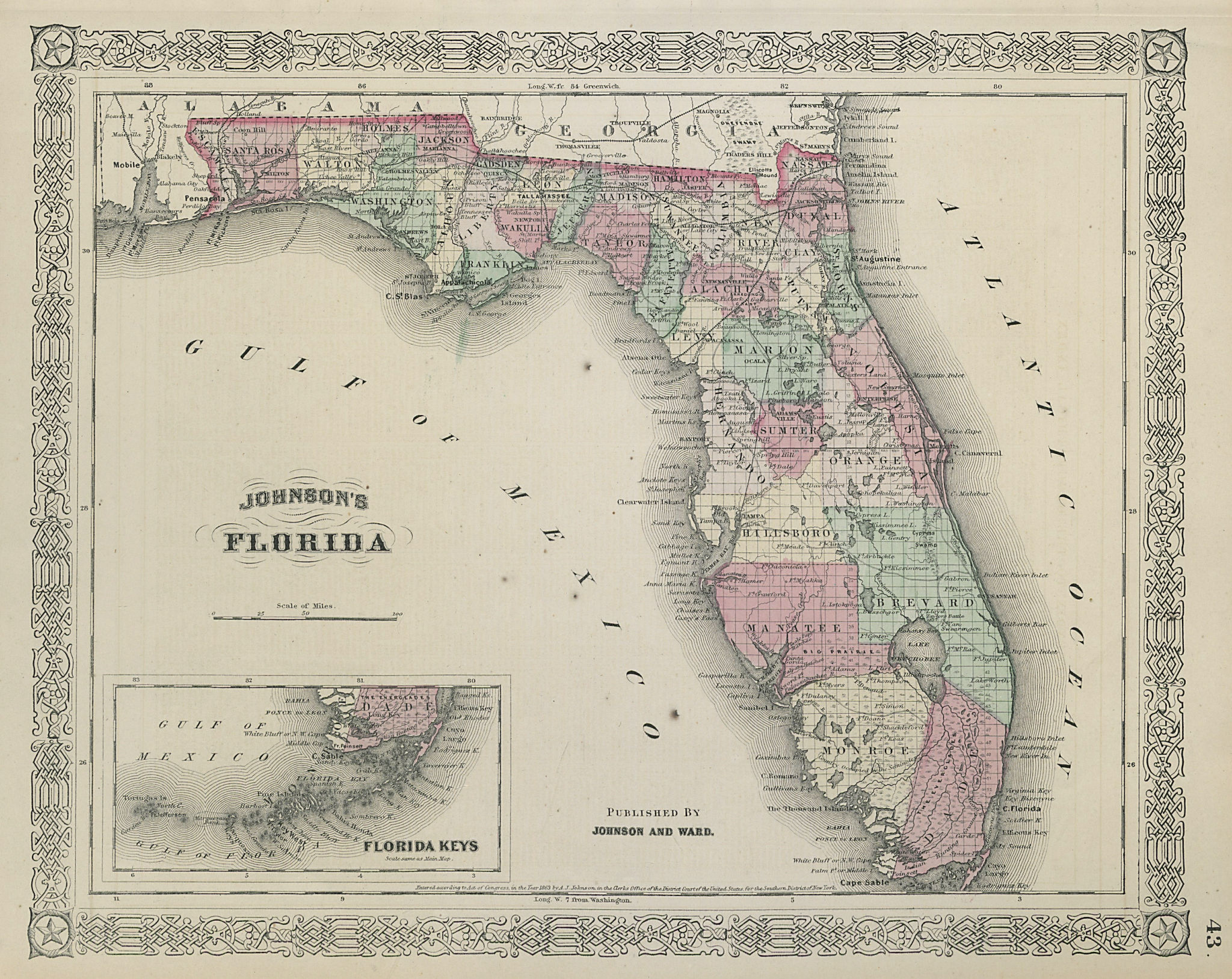 Associate Product Johnson's Florida. Florida Keys. US state map showing counties 1865 old