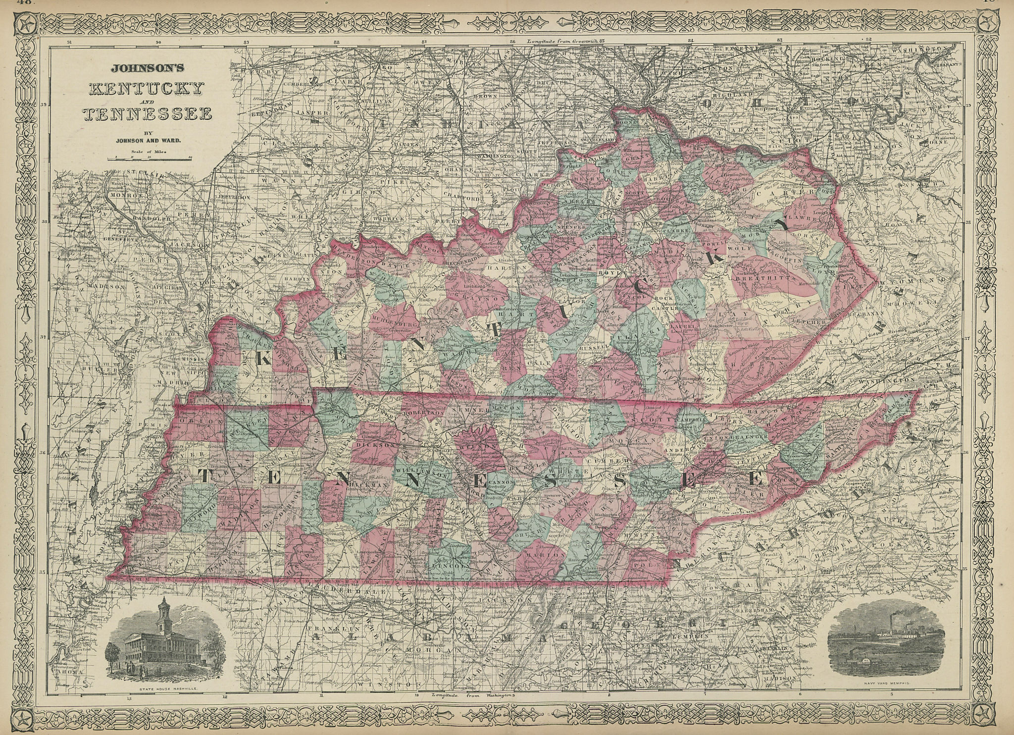 Associate Product Johnson's Kentucky and Tennessee. US state map showing counties 1865 old