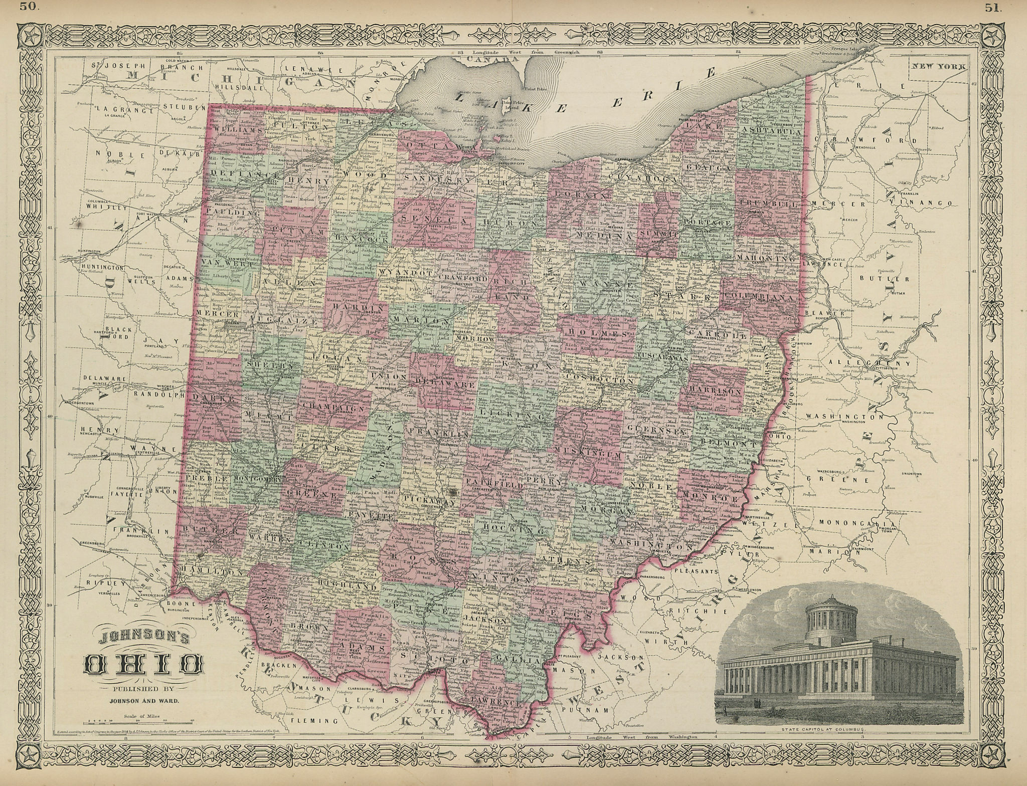 Associate Product Johnson's Ohio. US state map showing counties 1865 old antique plan chart