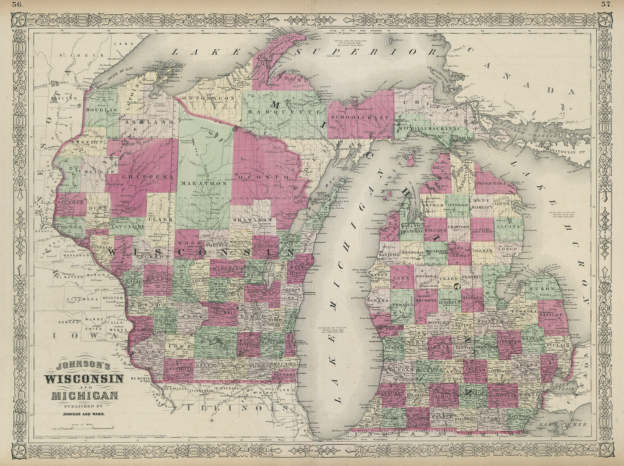 Associate Product Johnson's Wisconsin & Michigan. State map showing counties. Great Lakes 1865