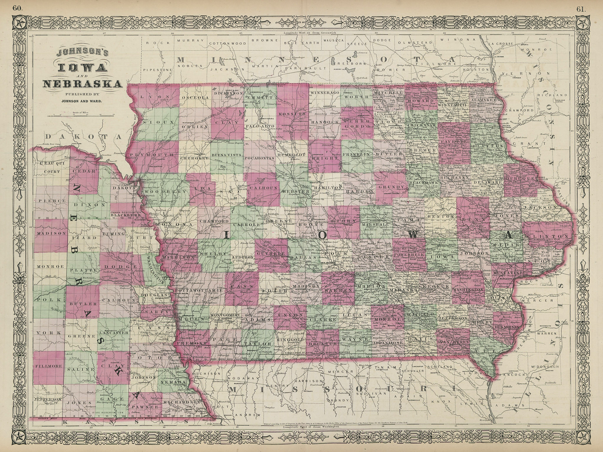 Associate Product Johnson's Iowa & Nebraska. US state map showing counties 1865 old antique
