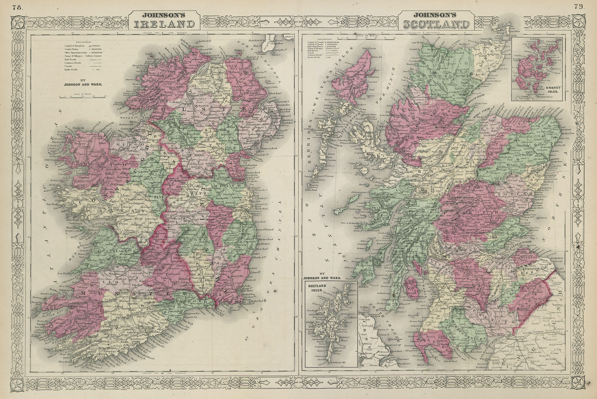 Associate Product Johnson's Ireland & Johnson's Scotland showing counties 1865 old antique map