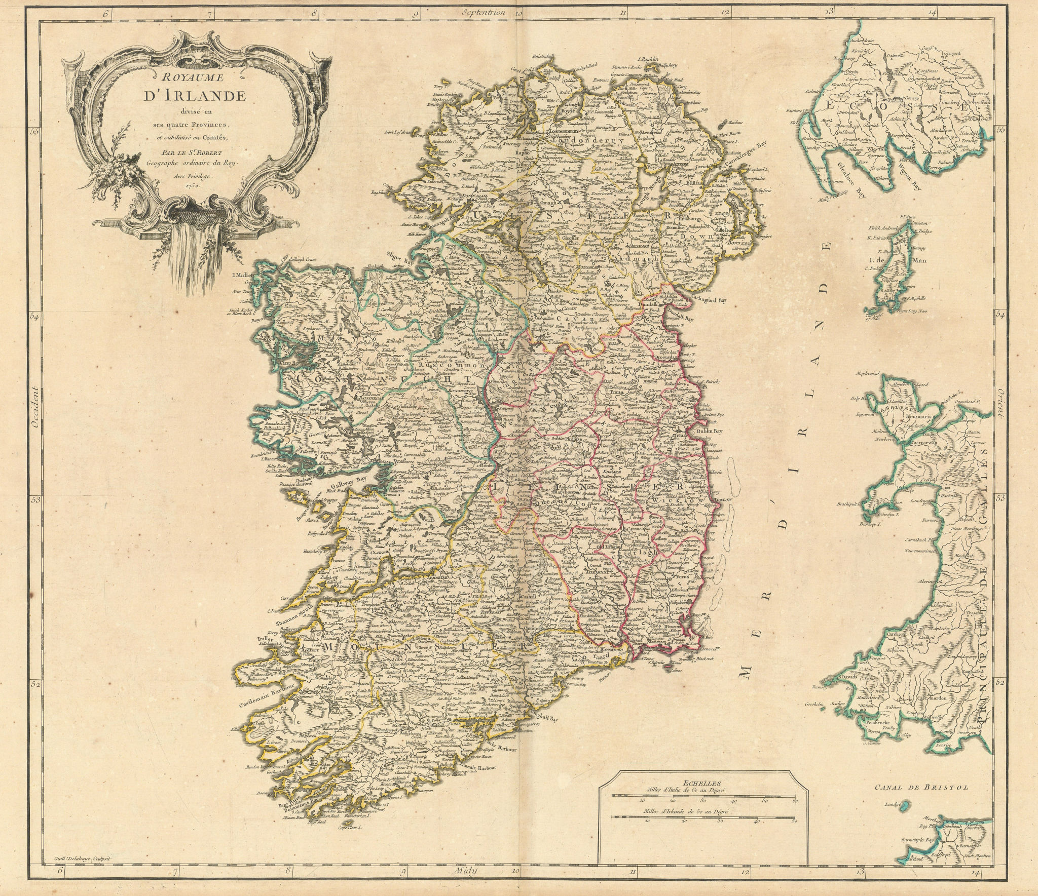 Associate Product "Royaume d'Irlande divisé en ses quatre provinces…" Ireland. VAUGONDY 1750 map