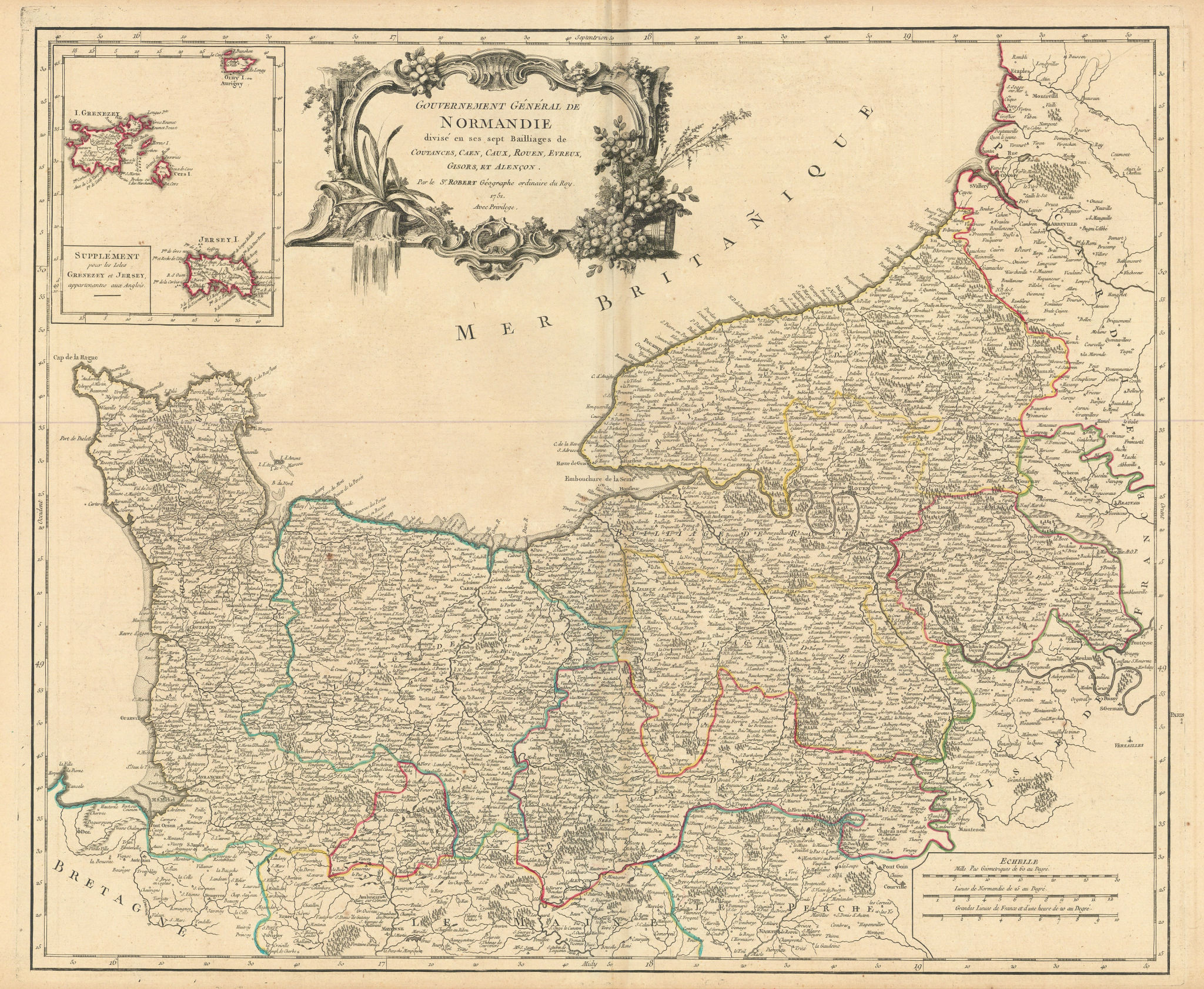 Associate Product "Gouvernement Général de Normandie" Normandy. NW France. VAUGONDY 1751 old map