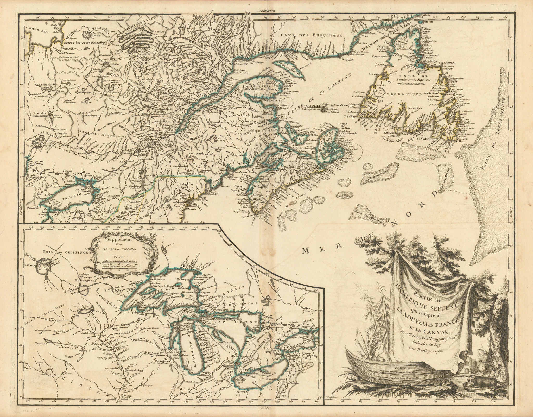 Associate Product "Partie de l'Amérique Septent… la Nouvelle France". Canada. VAUGONDY 1755 map