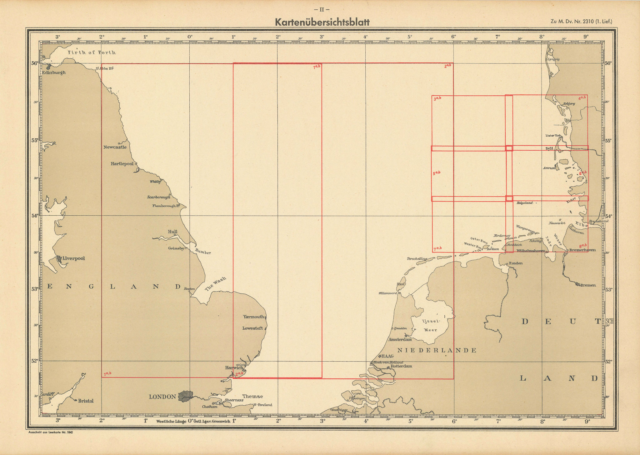 Map overview sheet. North Sea English Dutch coasts. KRIEGSMARINE Nazi map 1940