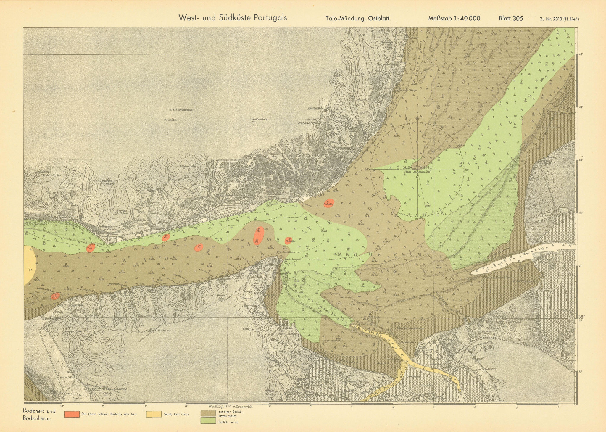 Lisbon. Tagus estuary east. Portugal. KRIEGSMARINE Nazi map 1943 old