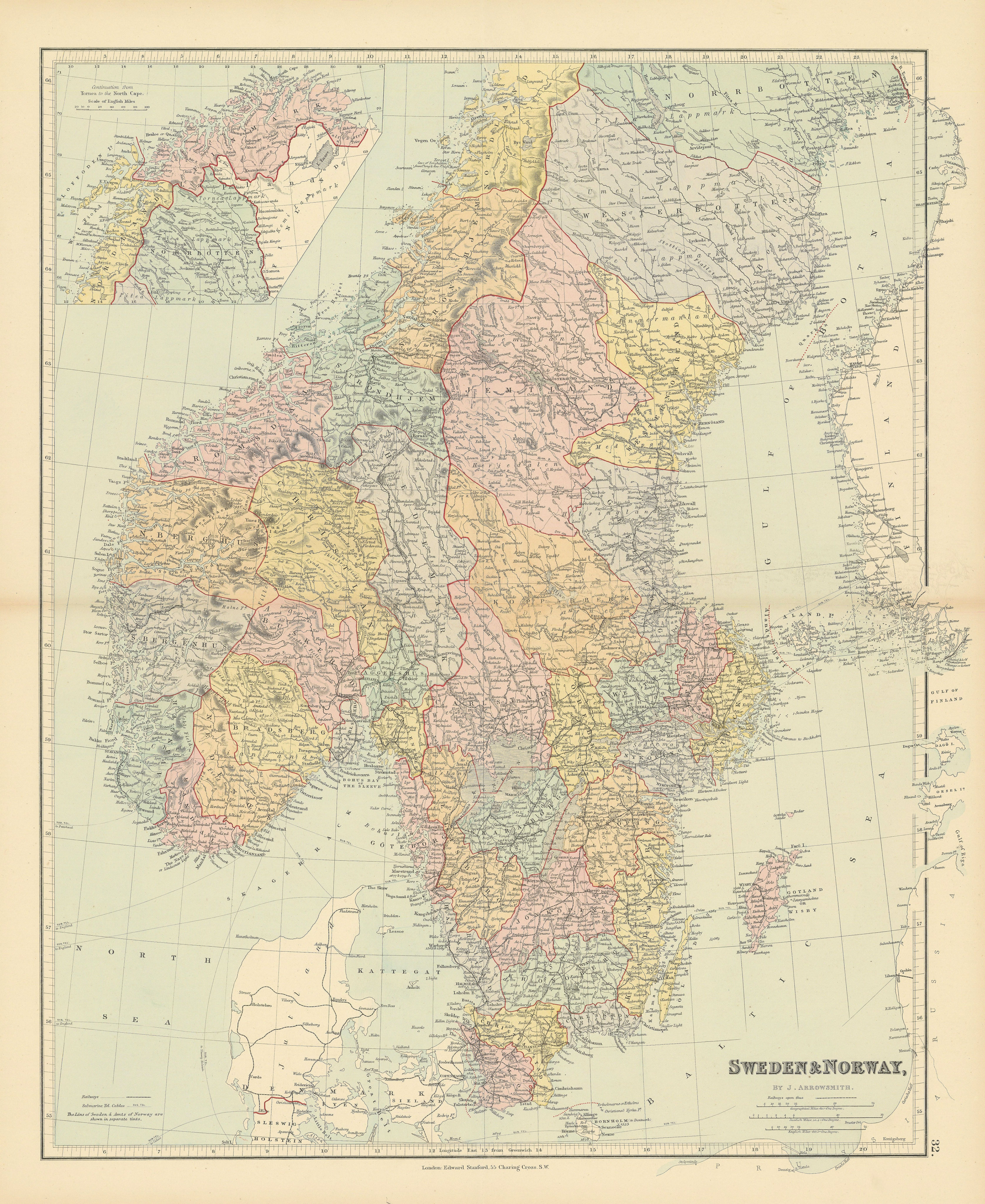 Scandinavia political divisions. Sweden Lans. Norway Amts. STANFORD 1887 map
