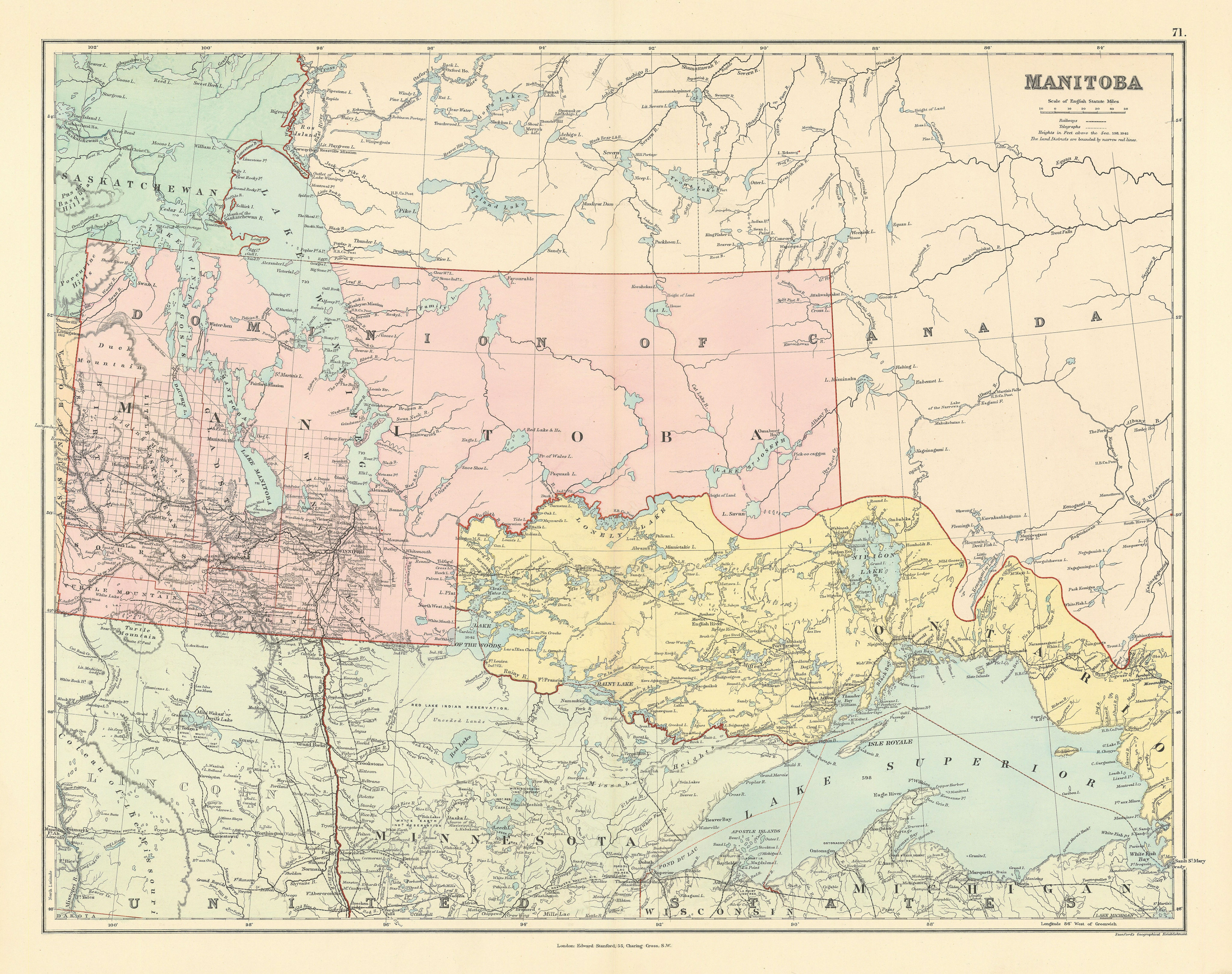 Associate Product Manitoba showing unrecognised borders. 51x65cm. Canada. STANFORD 1887 old map