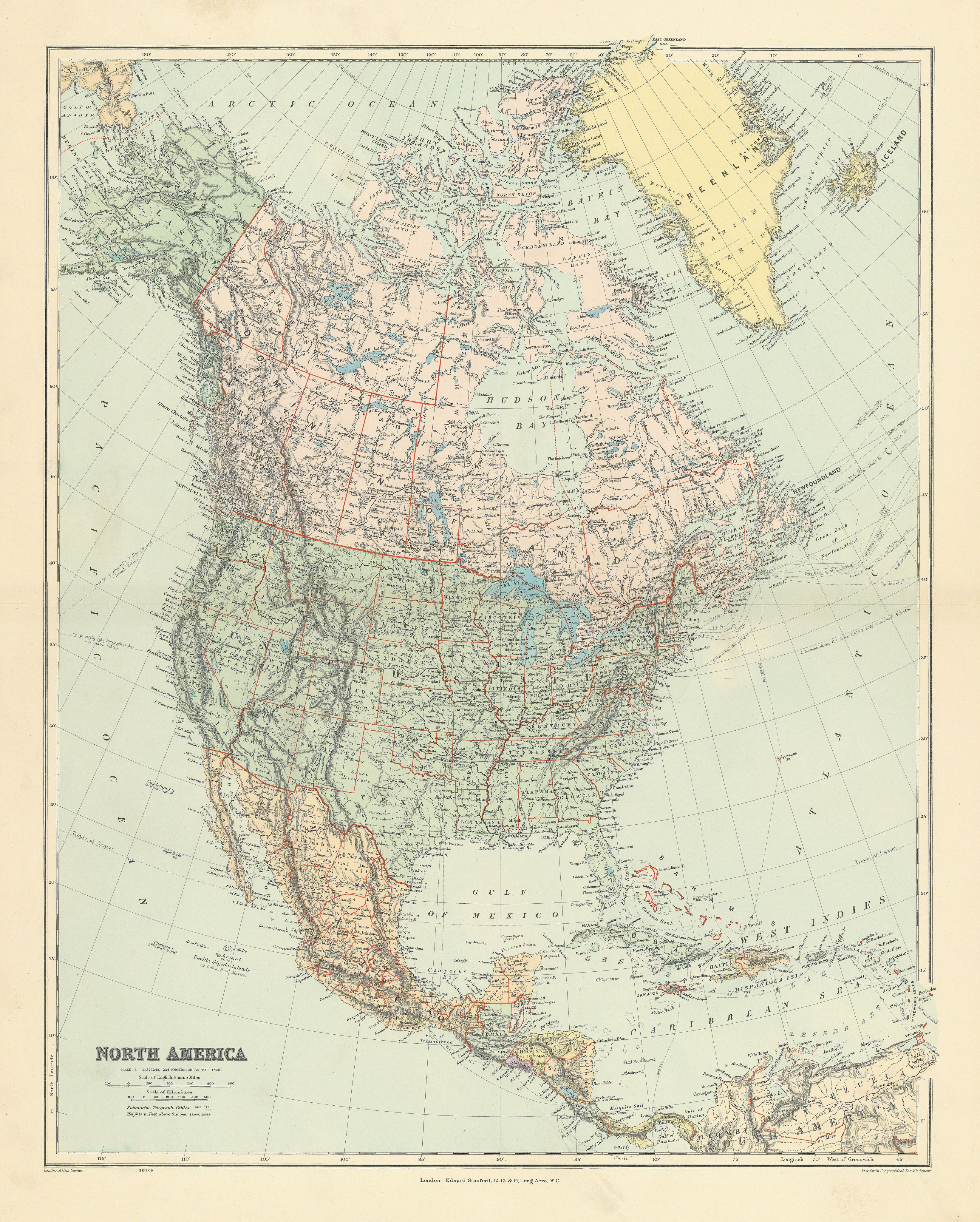 North America. United States Canada Mexico Greenland. 65x52cm STANFORD 1904 map
