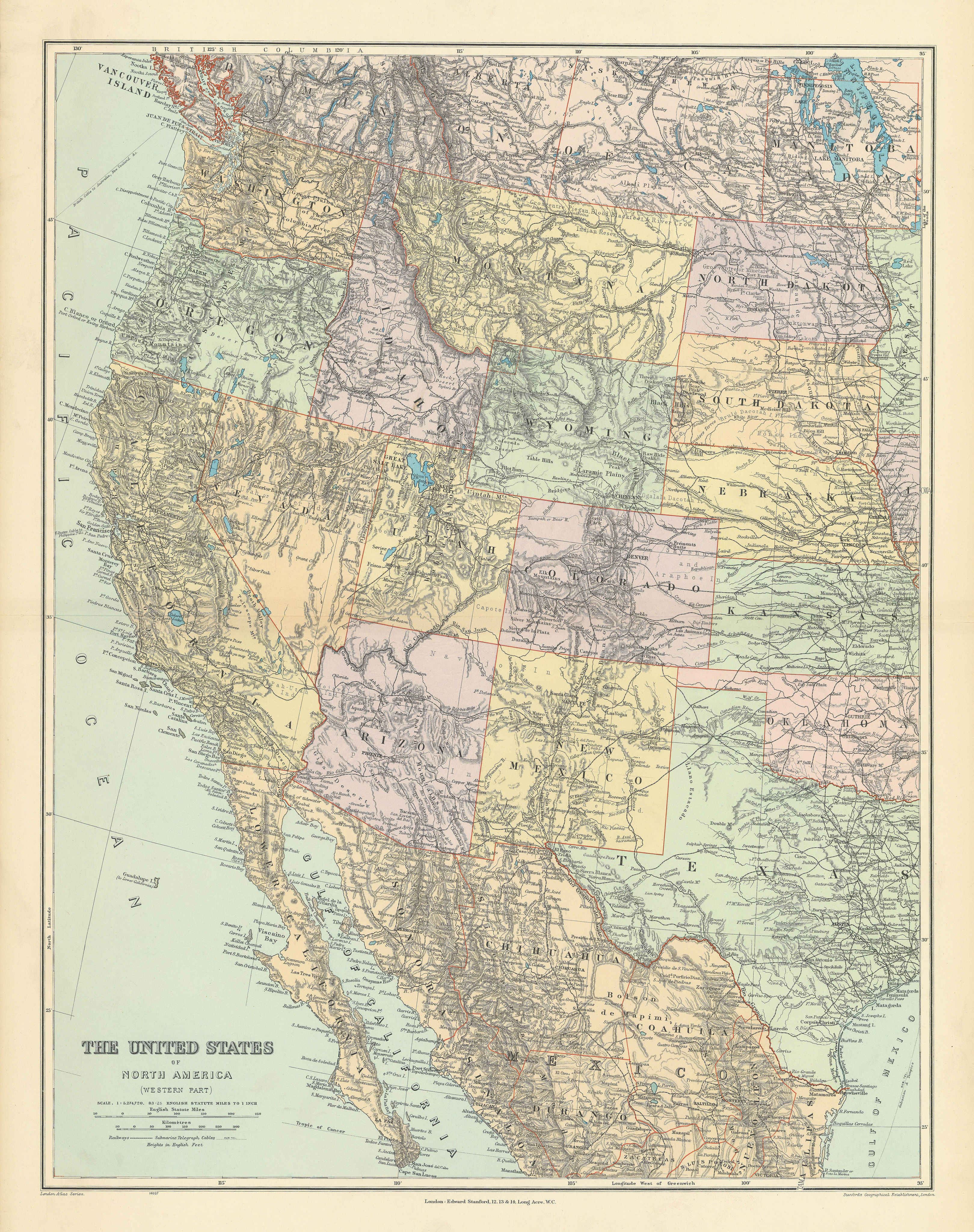Associate Product The United States of North America, Western part. USA. 69x54cm STANFORD 1904 map