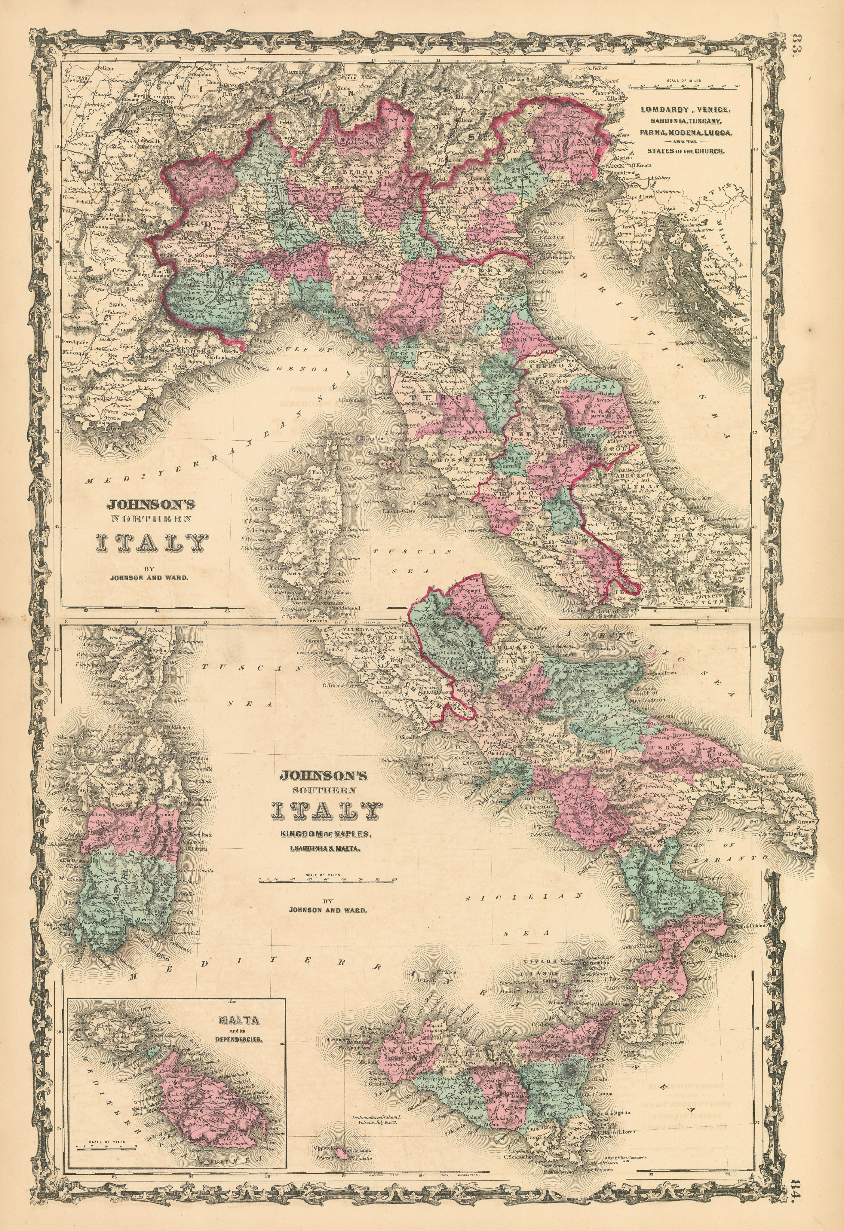 Johnson's Northern & Southern Italy. Malta. Unusual juxtaposition 1862 old map