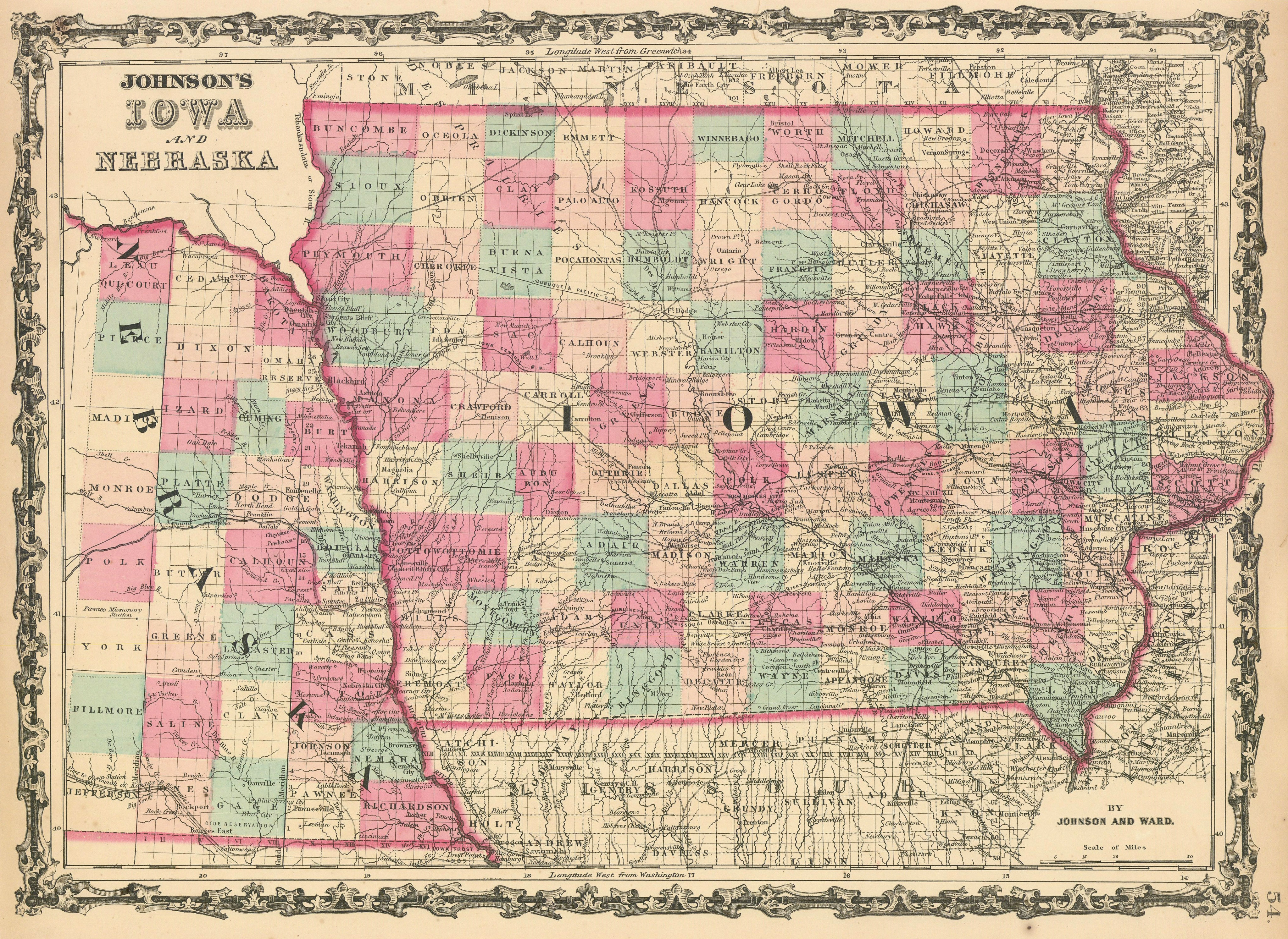 Associate Product Johnson's Iowa & Nebraska. US state map showing counties 1862 old antique
