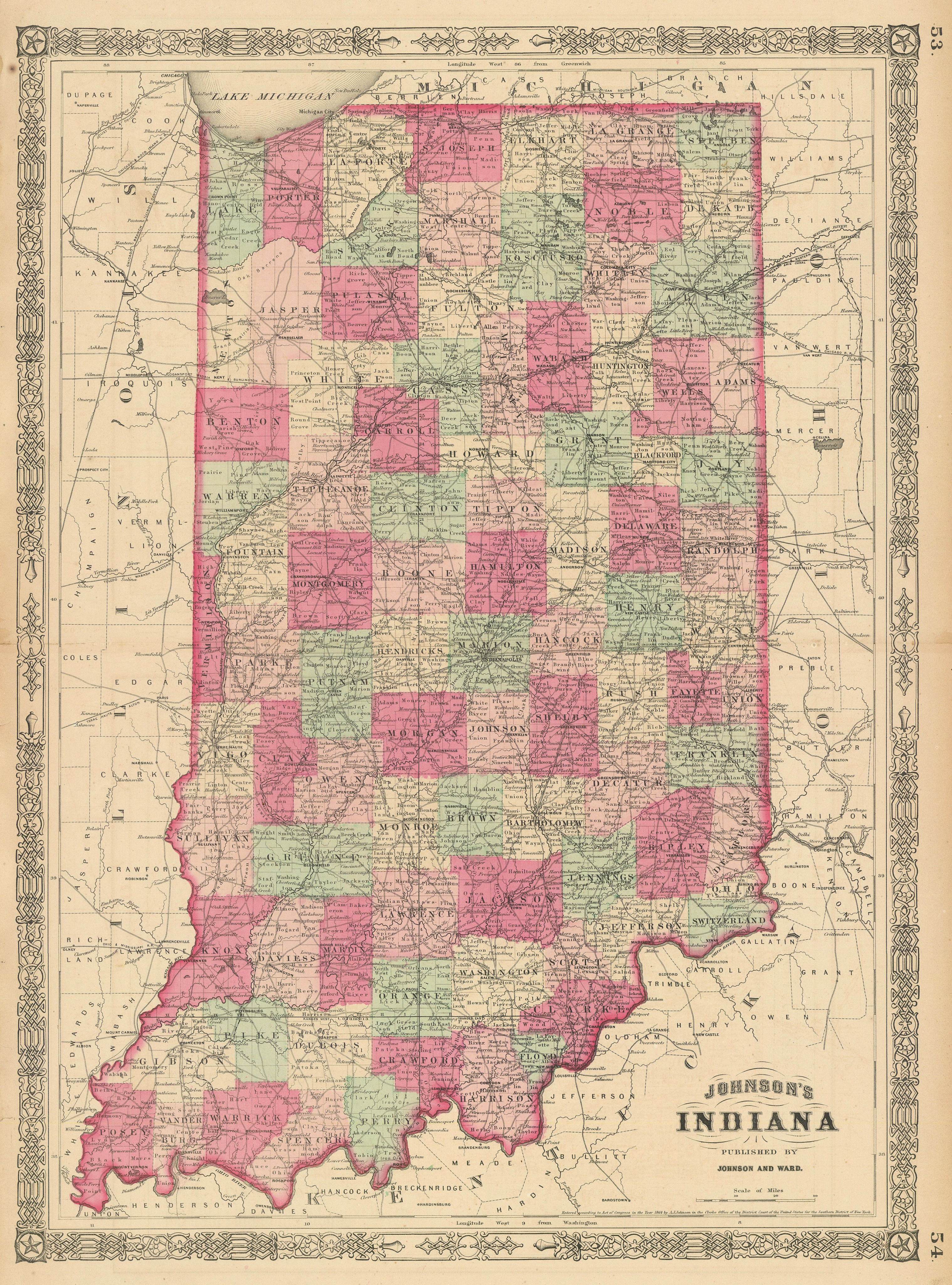 Johnson's Indiana. US state map showing counties 1865 old antique chart