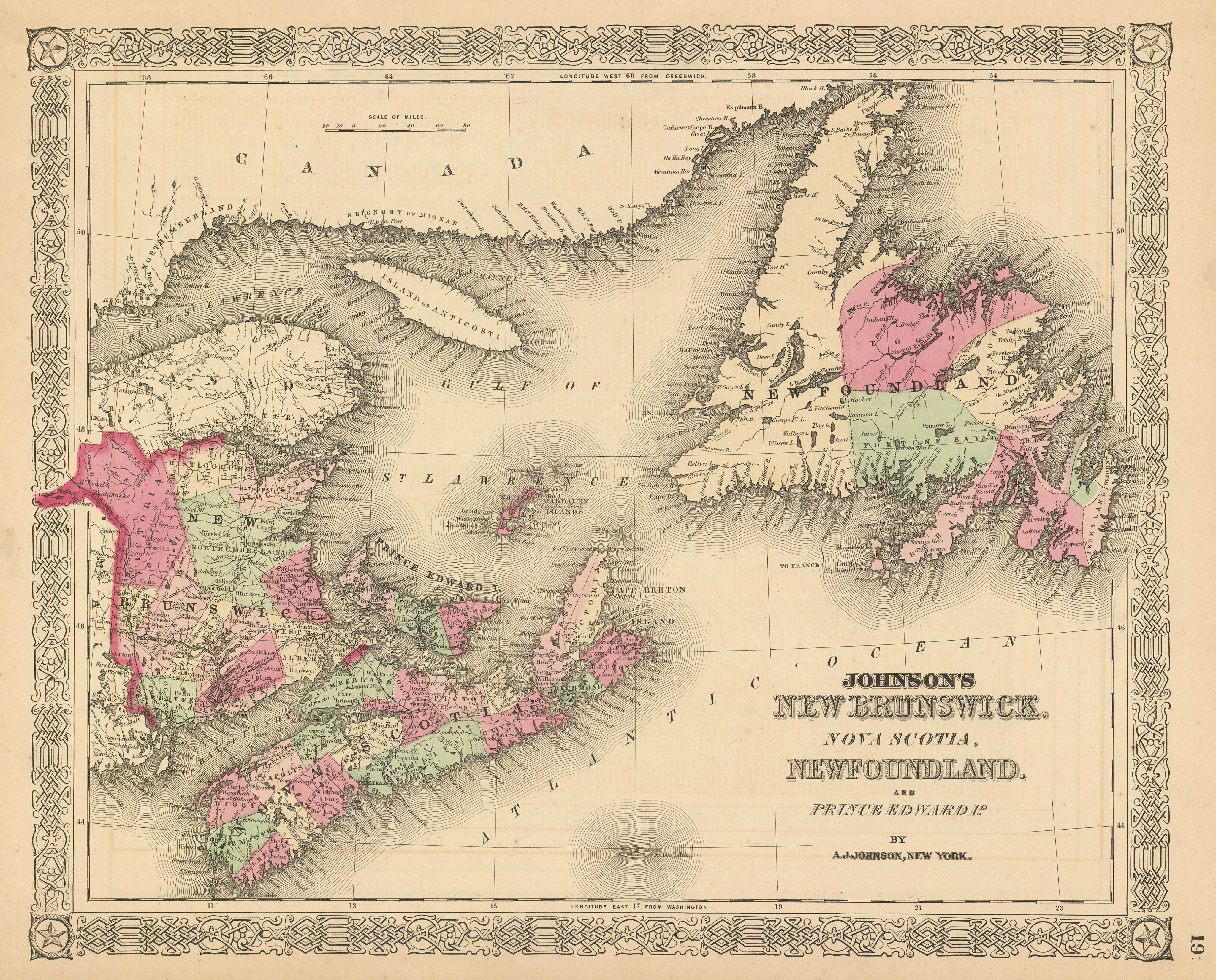 Associate Product Johnson's New Brunswick, Nova Scotia, Newfoundland & Prince Edward Id. 1867 map