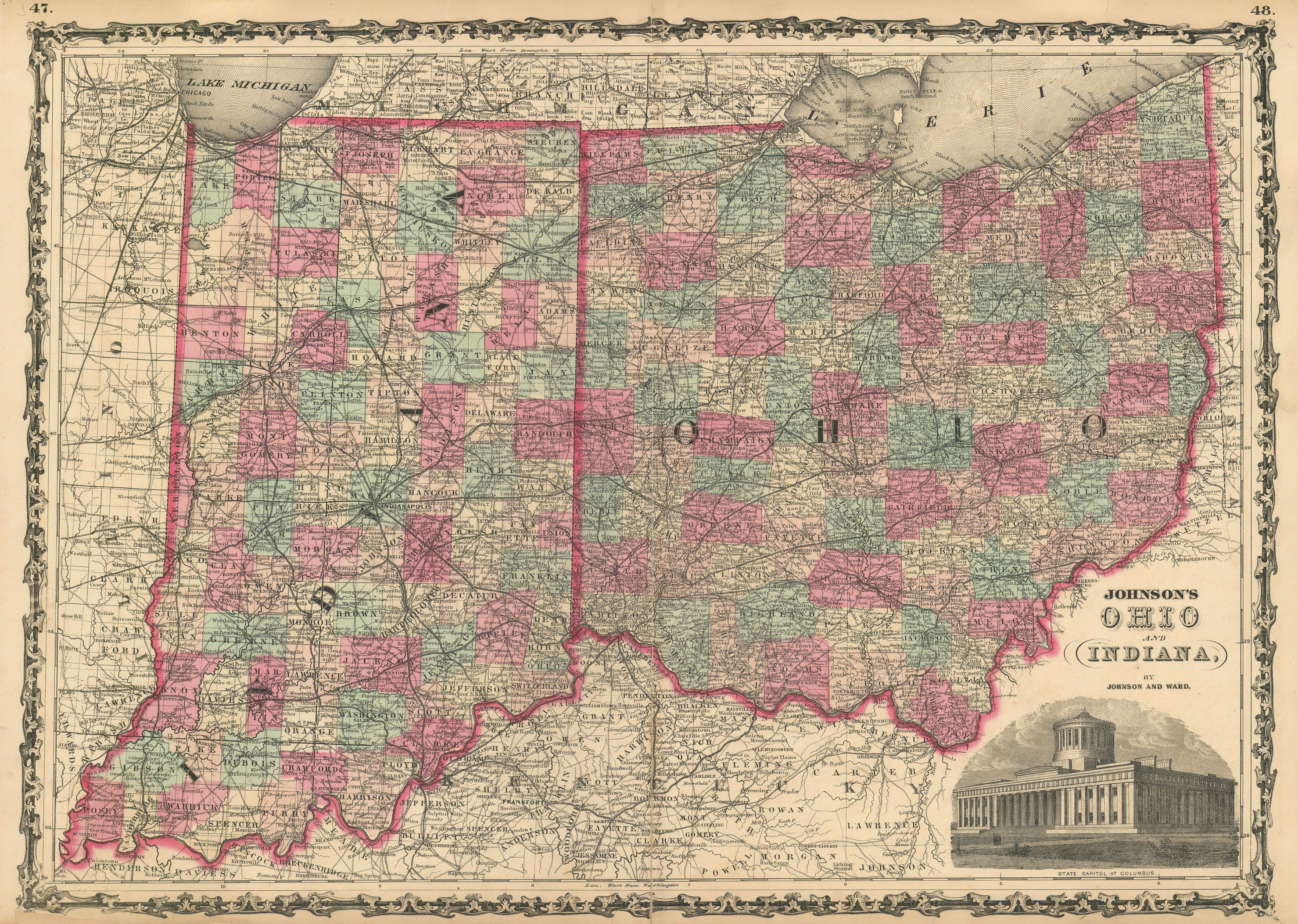 Associate Product Johnson's Ohio & Indiana. US state map showing counties 1862 old antique