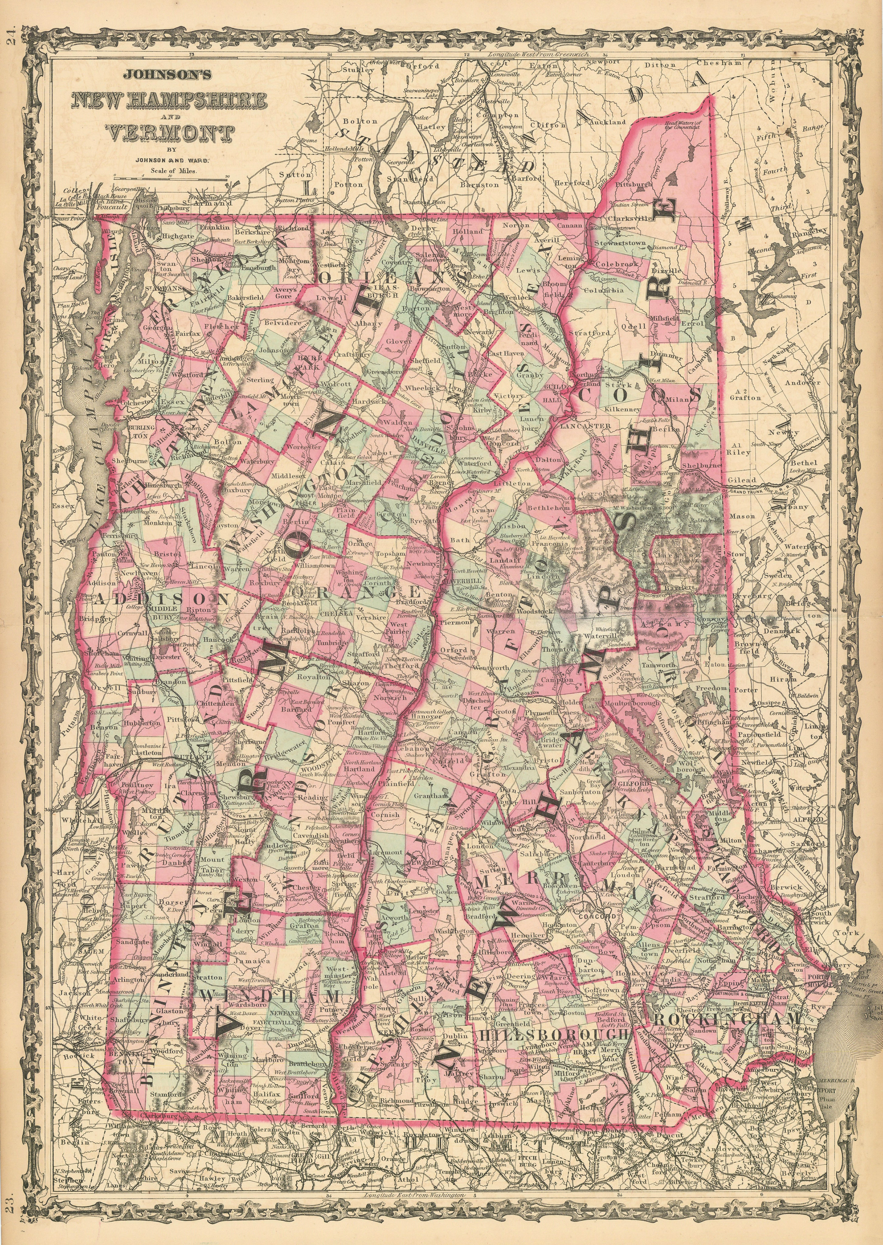 Johnson's New Hampshire & Vermont. US State map showing counties 1862 old