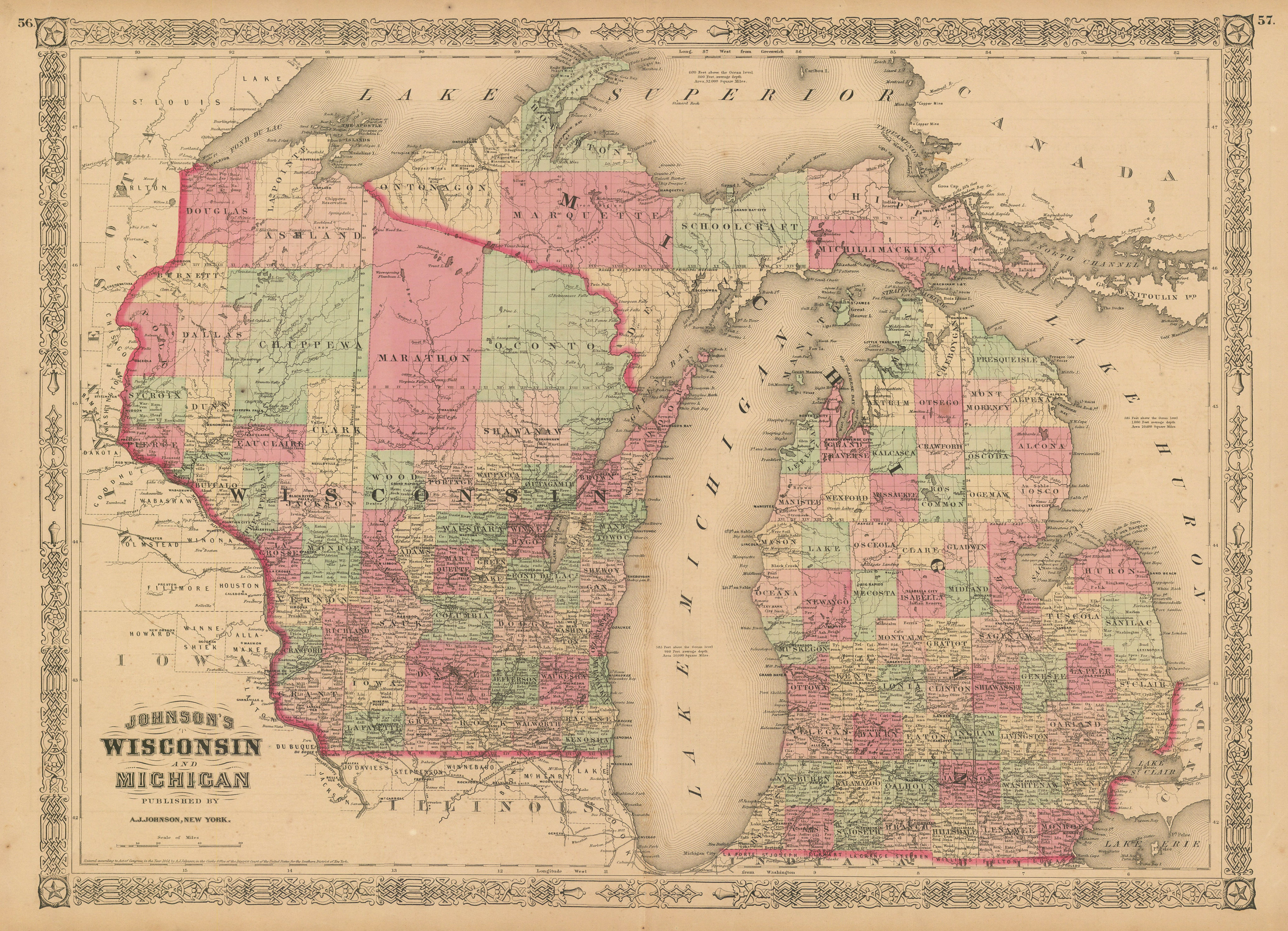Associate Product Johnson's Wisconsin & Michigan. State map showing counties. Great Lakes 1867