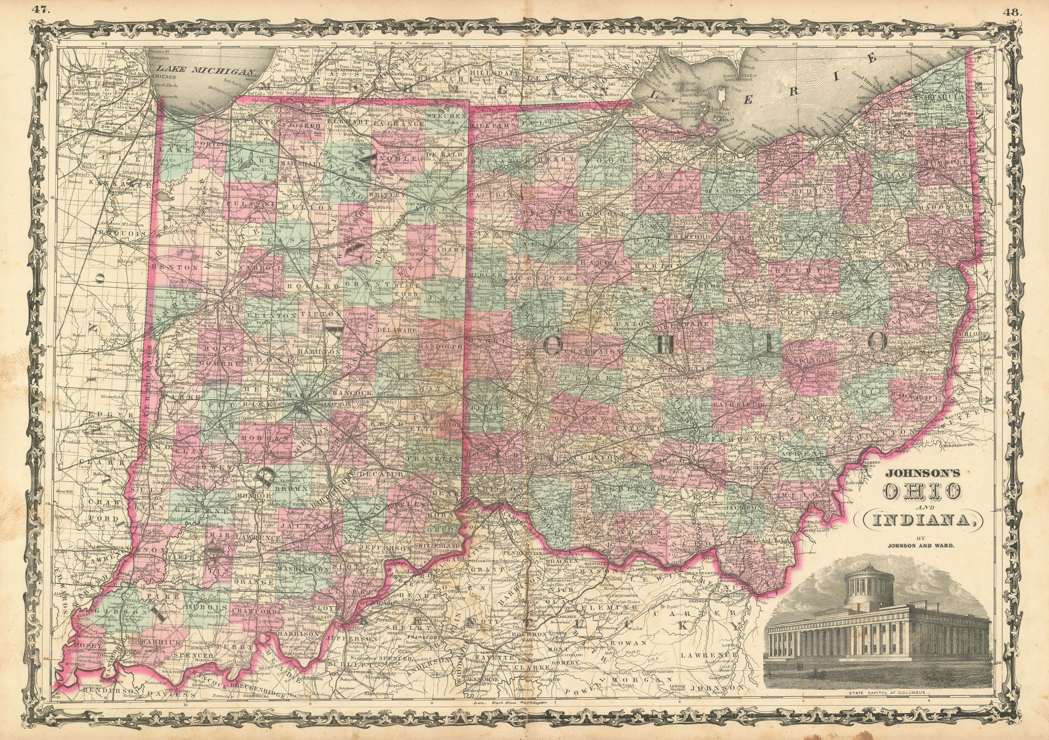 Associate Product Johnson's Ohio & Indiana. US state map showing counties 1863 old antique