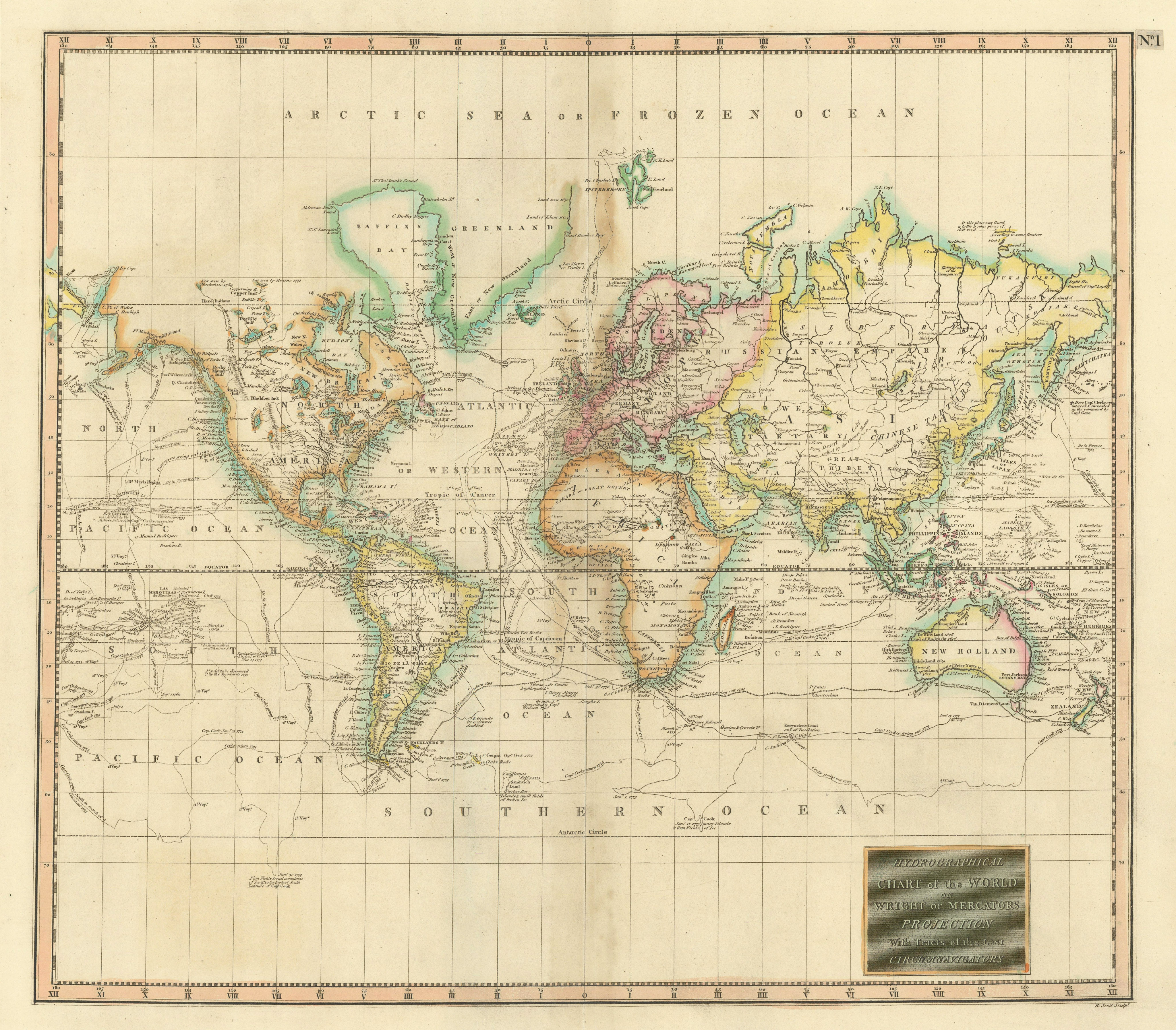 Hydrographical chart of the world… Wright/Mercator's Projection THOMSON 1817 map
