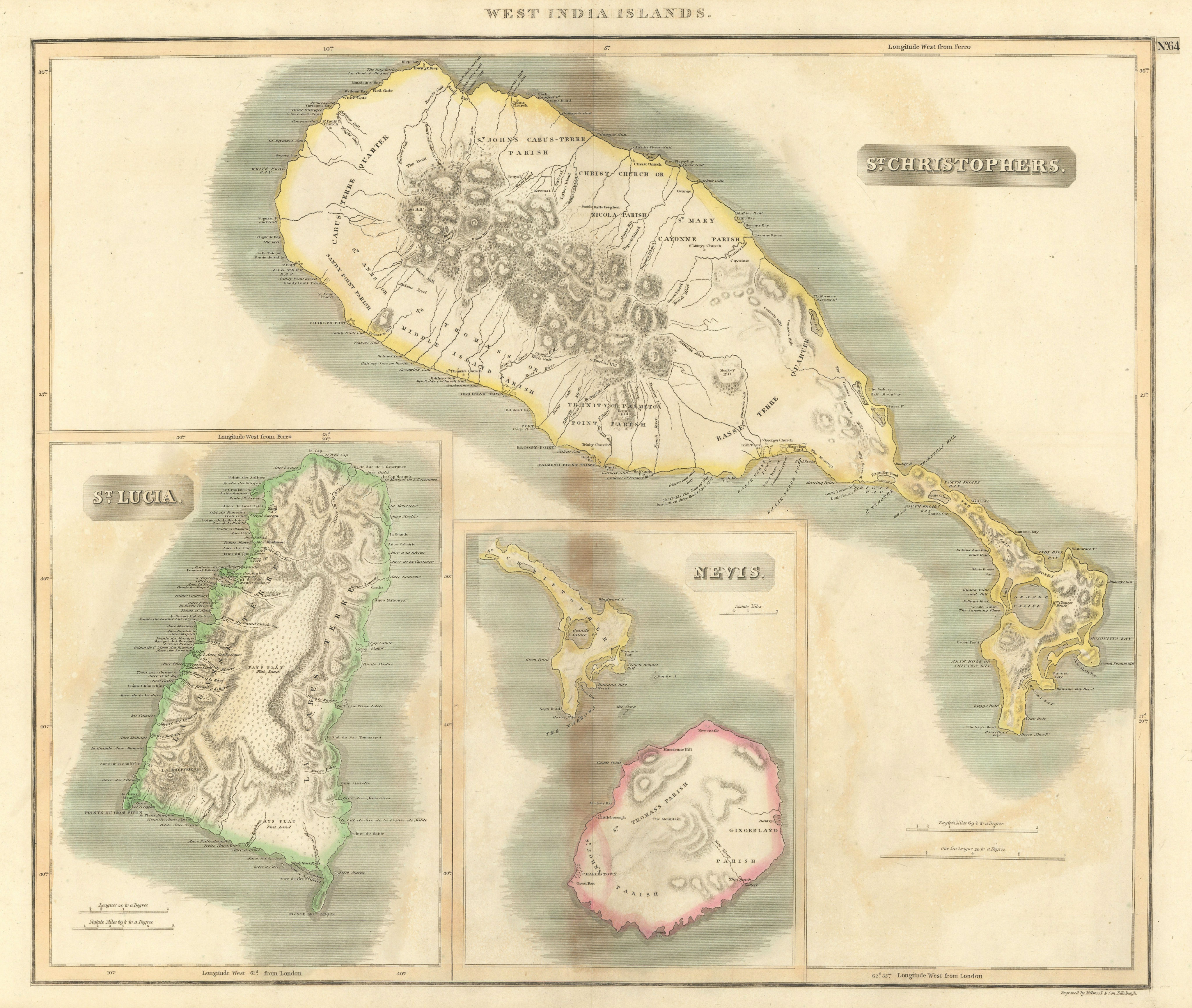 St Christophers, Nevis & St Lucia. St Kitts. West Indies. THOMSON 1817 old map