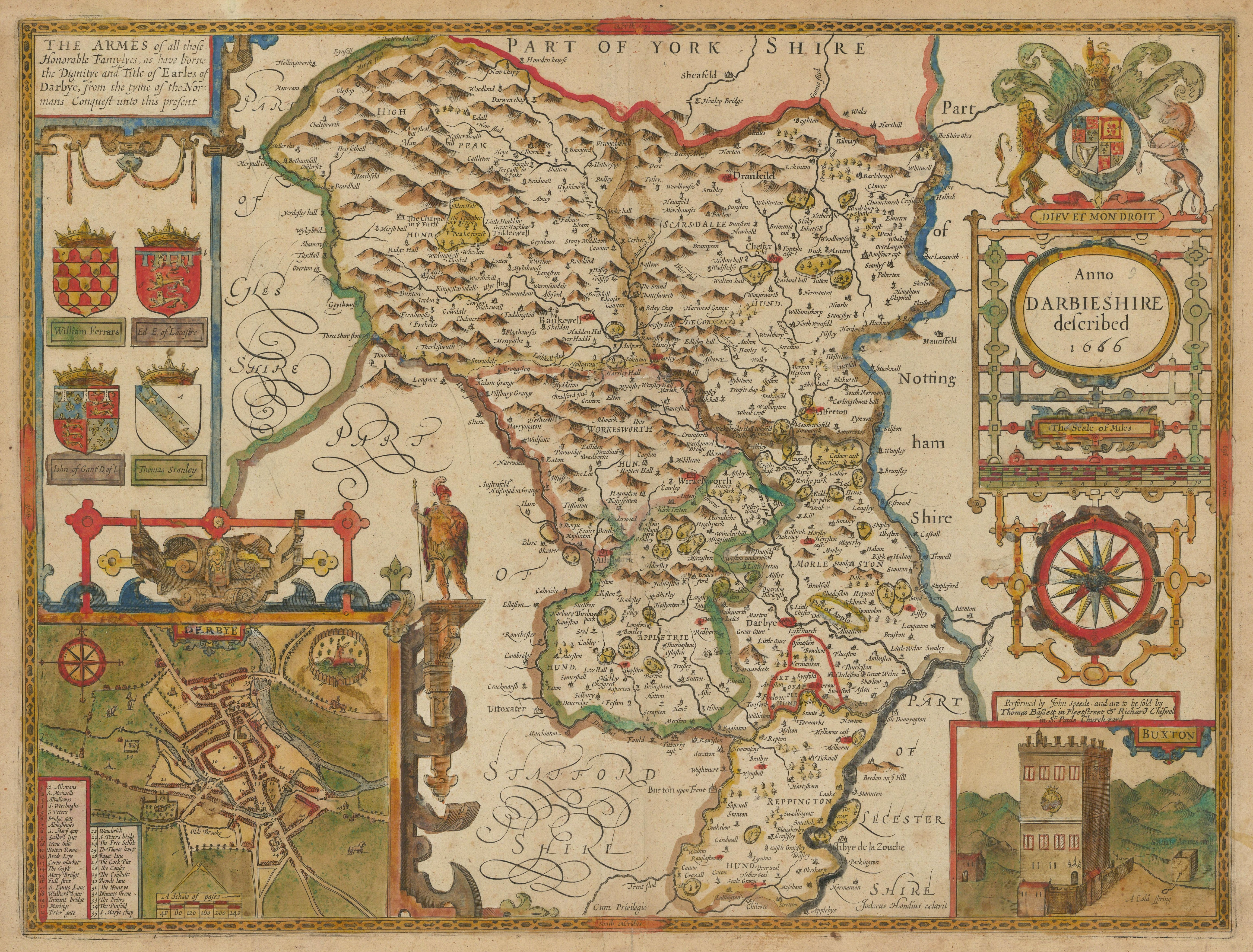 Associate Product Derbieshire. Derbyshire county map by John Speed. Bassett/Chiswell edition 1676