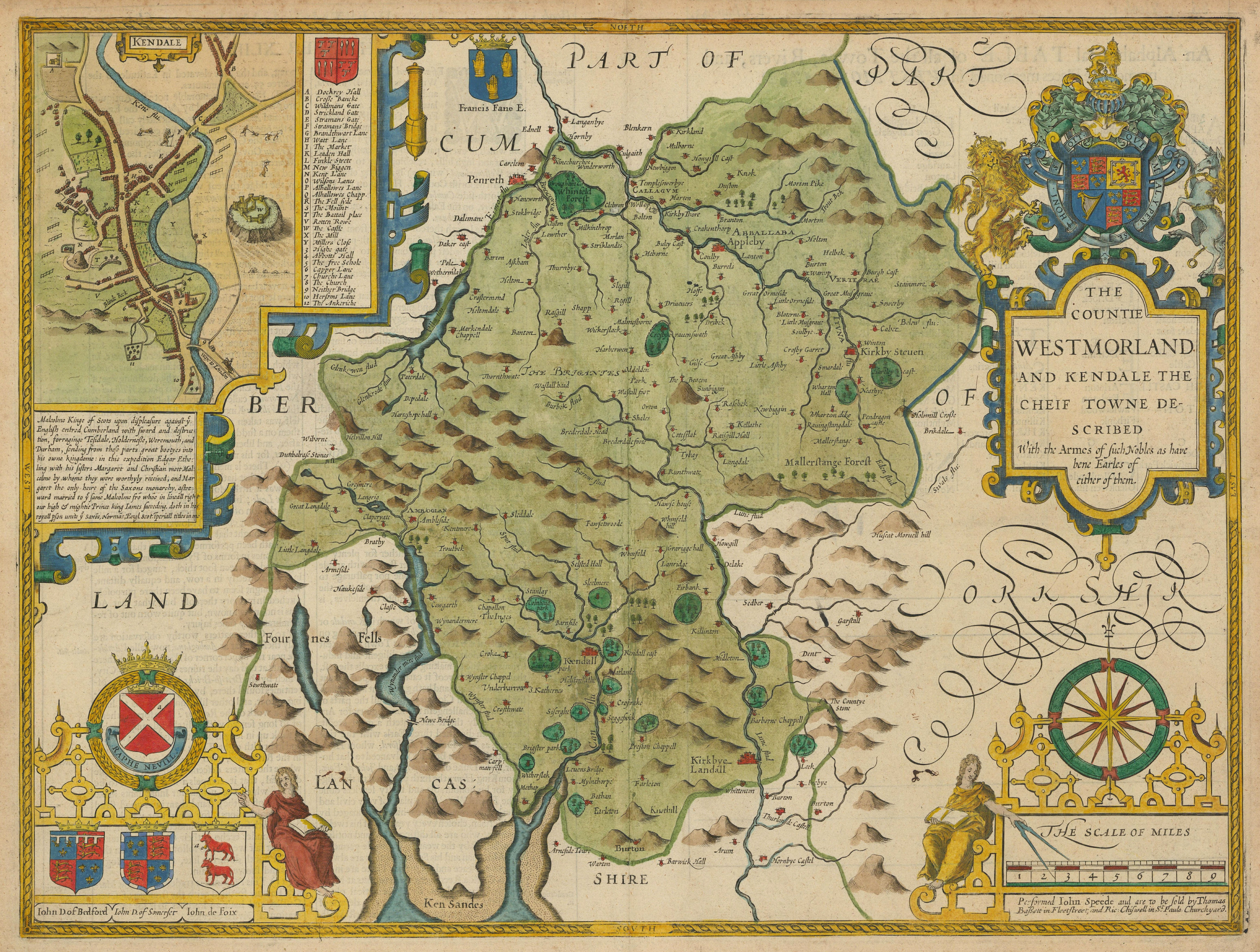 Westmorland county map by John Speed. Bassett & Chiswell edition 1676 old
