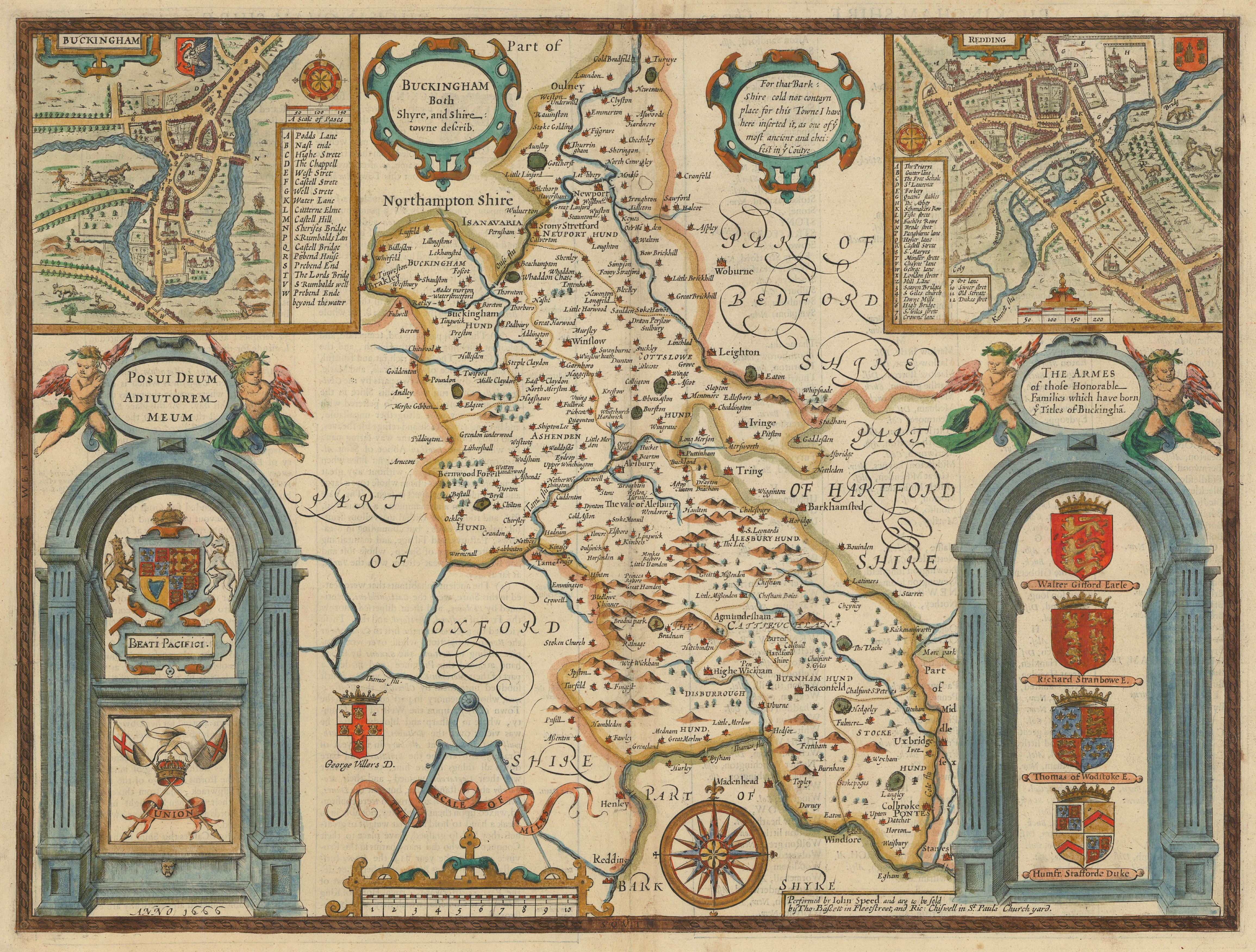 Buckinghamshire county map by John Speed. Bassett & Chiswell edition 1676