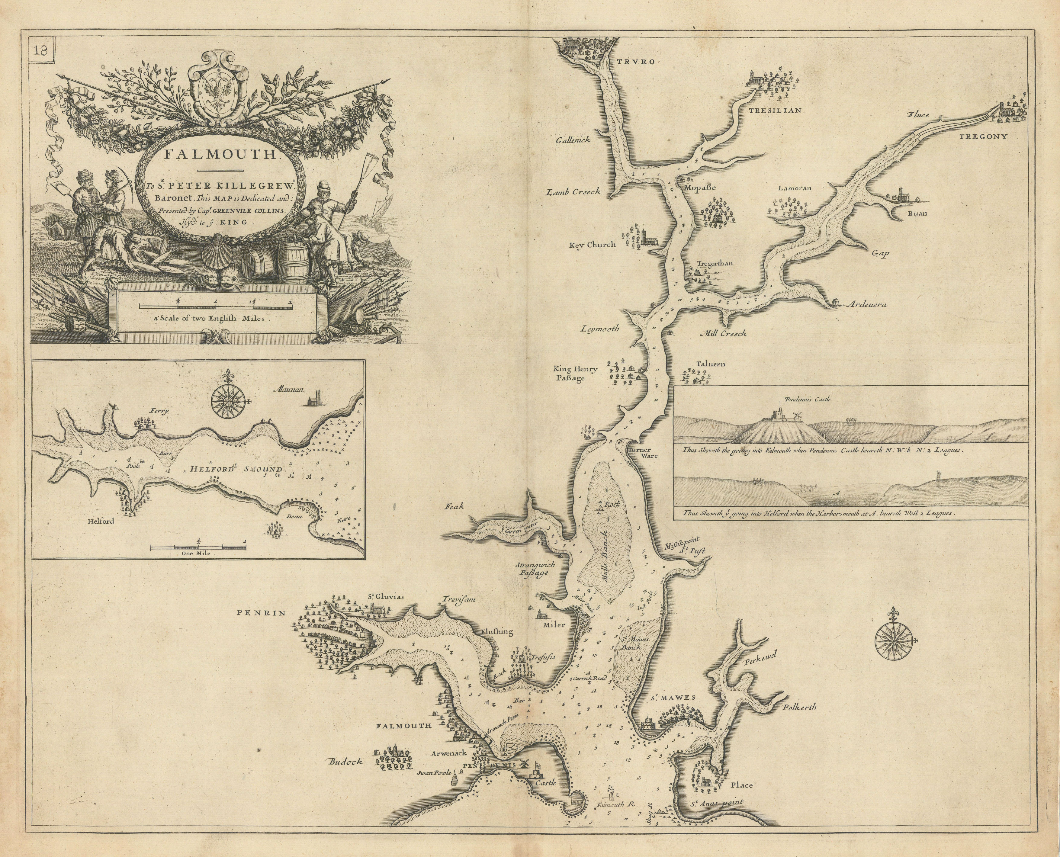 FALMOUTH, Carrick Roads & Helford River sea chart. Truro. COLLINS 1723 old map