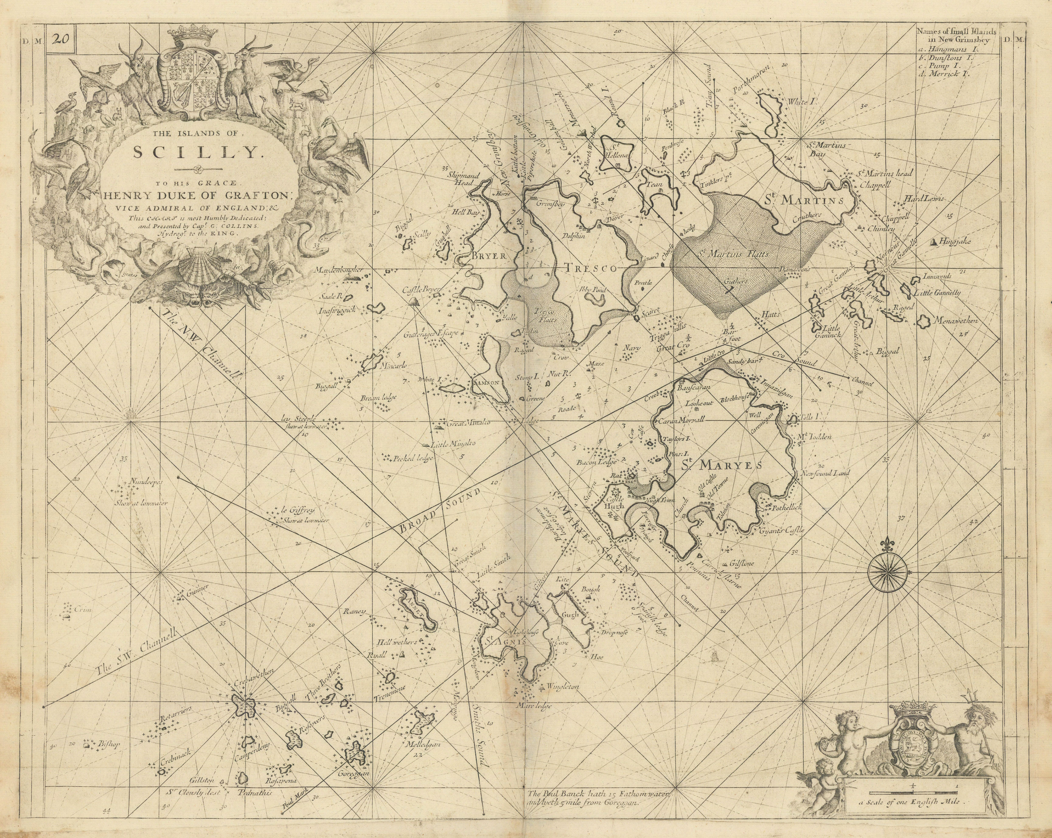 THE ISLANDS OF SCILLY sea chart by Captain Greenvile. COLLINS 1723 old map