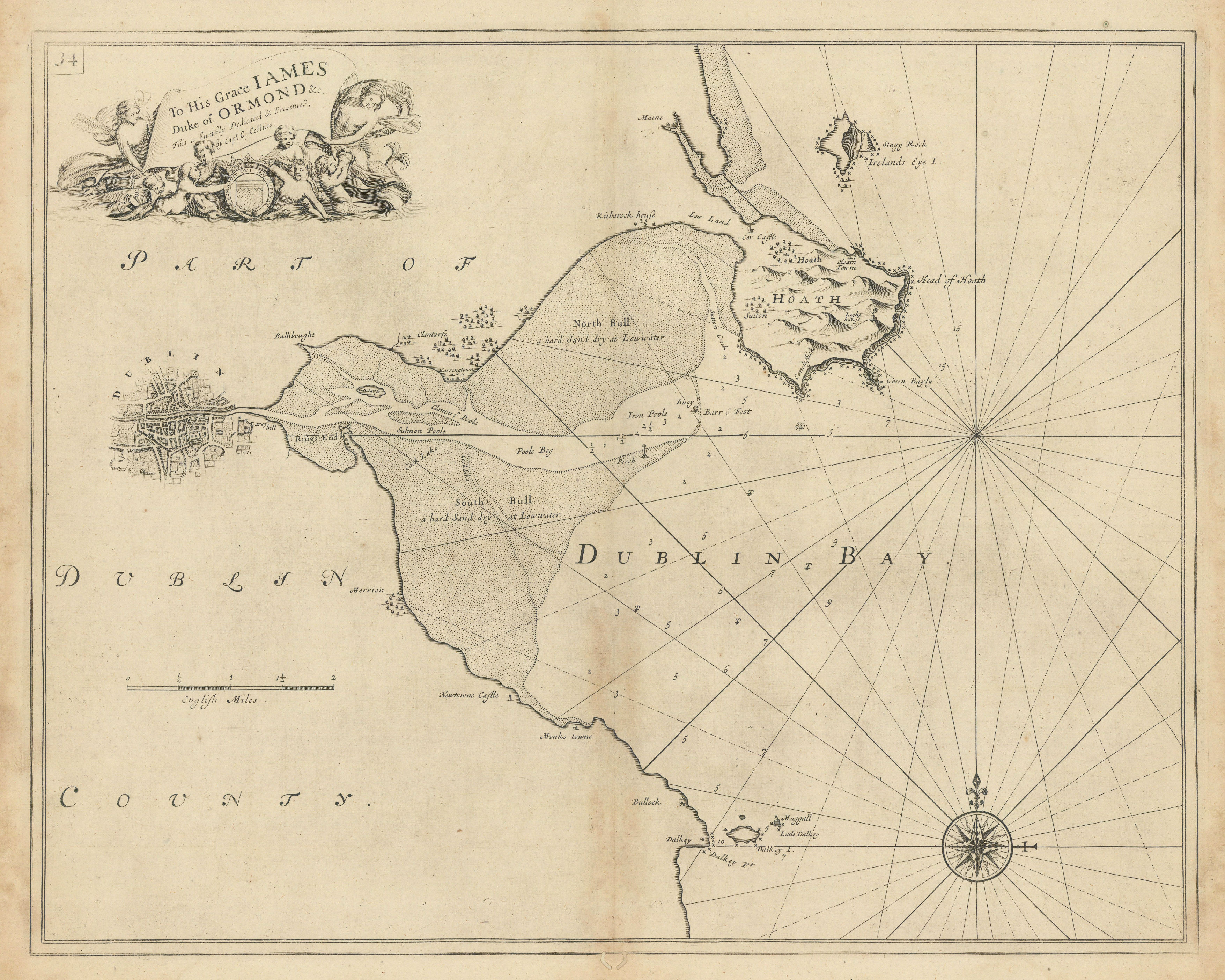 Associate Product DUBLIN BAY sea chart. Howth Head Dalkey Clontarf Merrion. COLLINS 1723 old map
