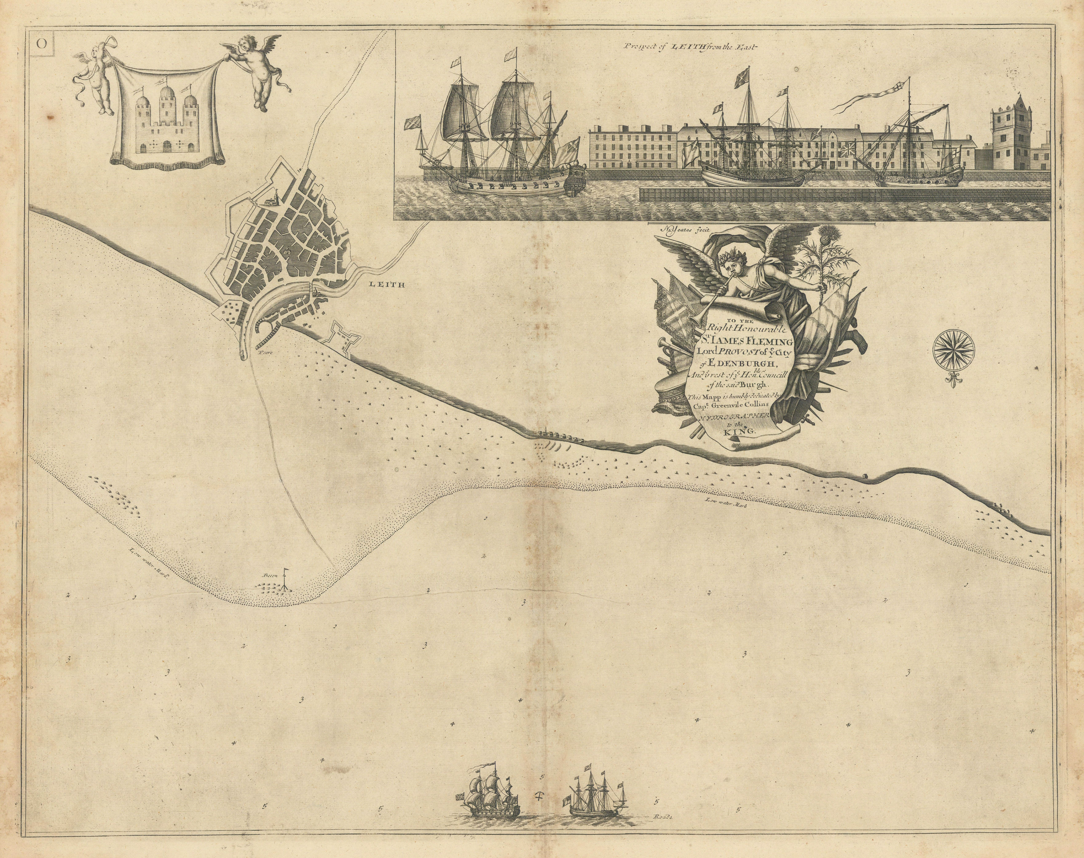 Associate Product Navigation chart & view of LEITH, by Capt Greenvile COLLINS. Edinburgh 1723 map