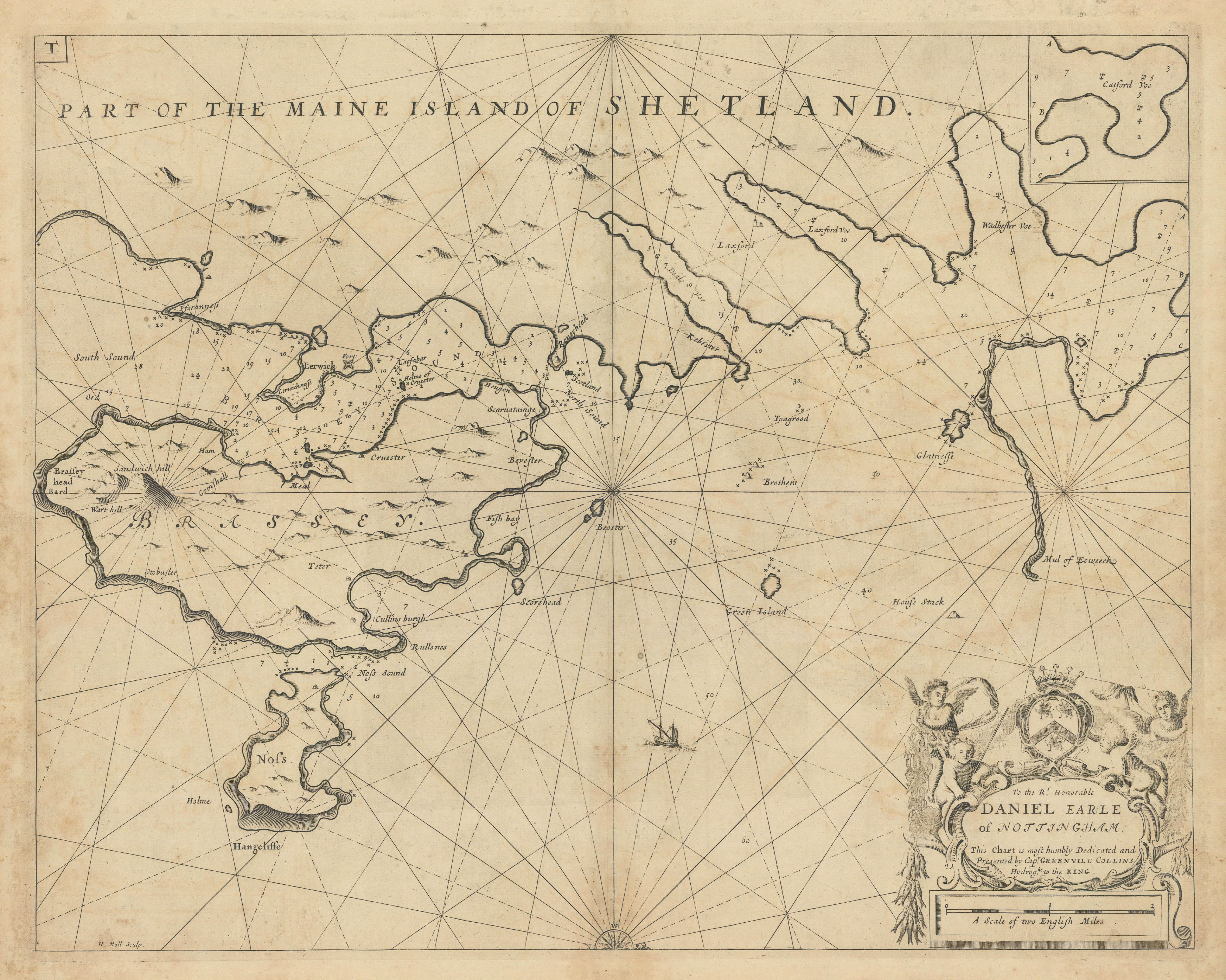 Part of the Maine Island of Shetland sea chart. Lerwick Bressay COLLINS 1723 map