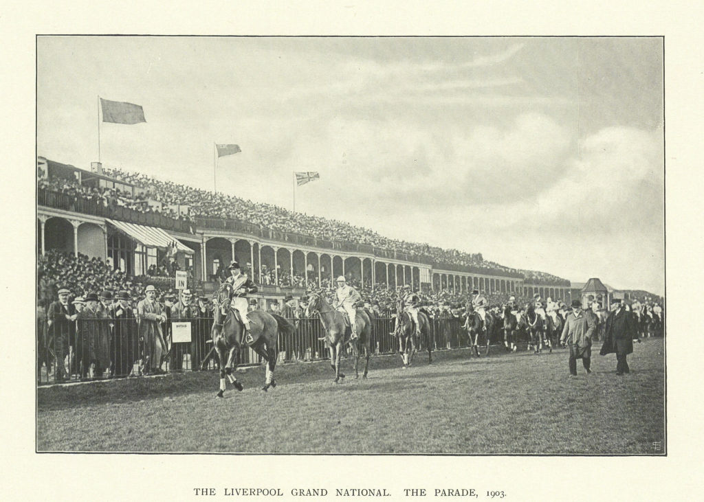 The Liverpool Grand National. The parade. Aintree. Horse racing 1903 old print